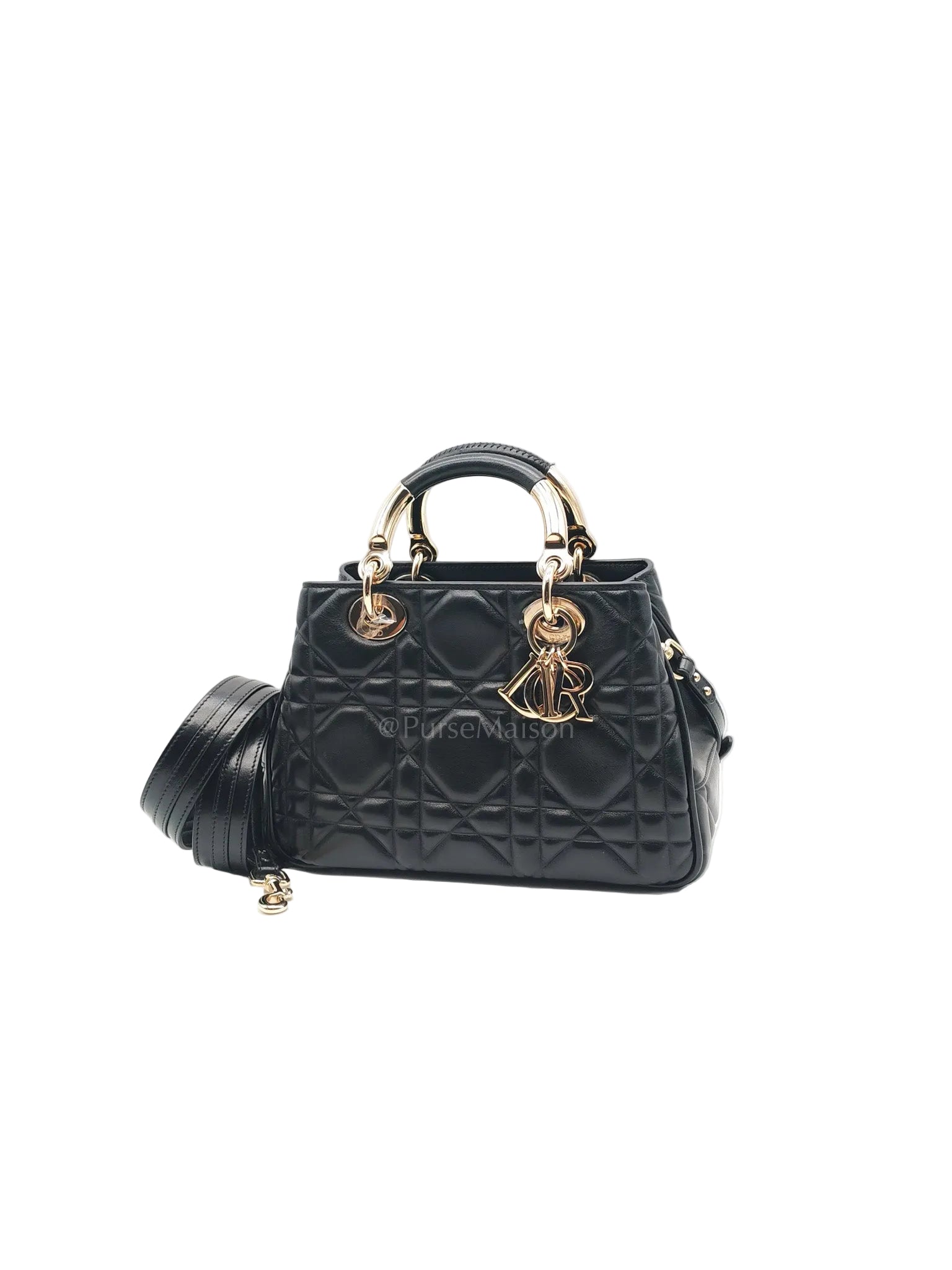 The Lady 95.22 Small Black Calfskin Cannage in Light Gold Hardware | Purse Maison Luxury Bags Shop