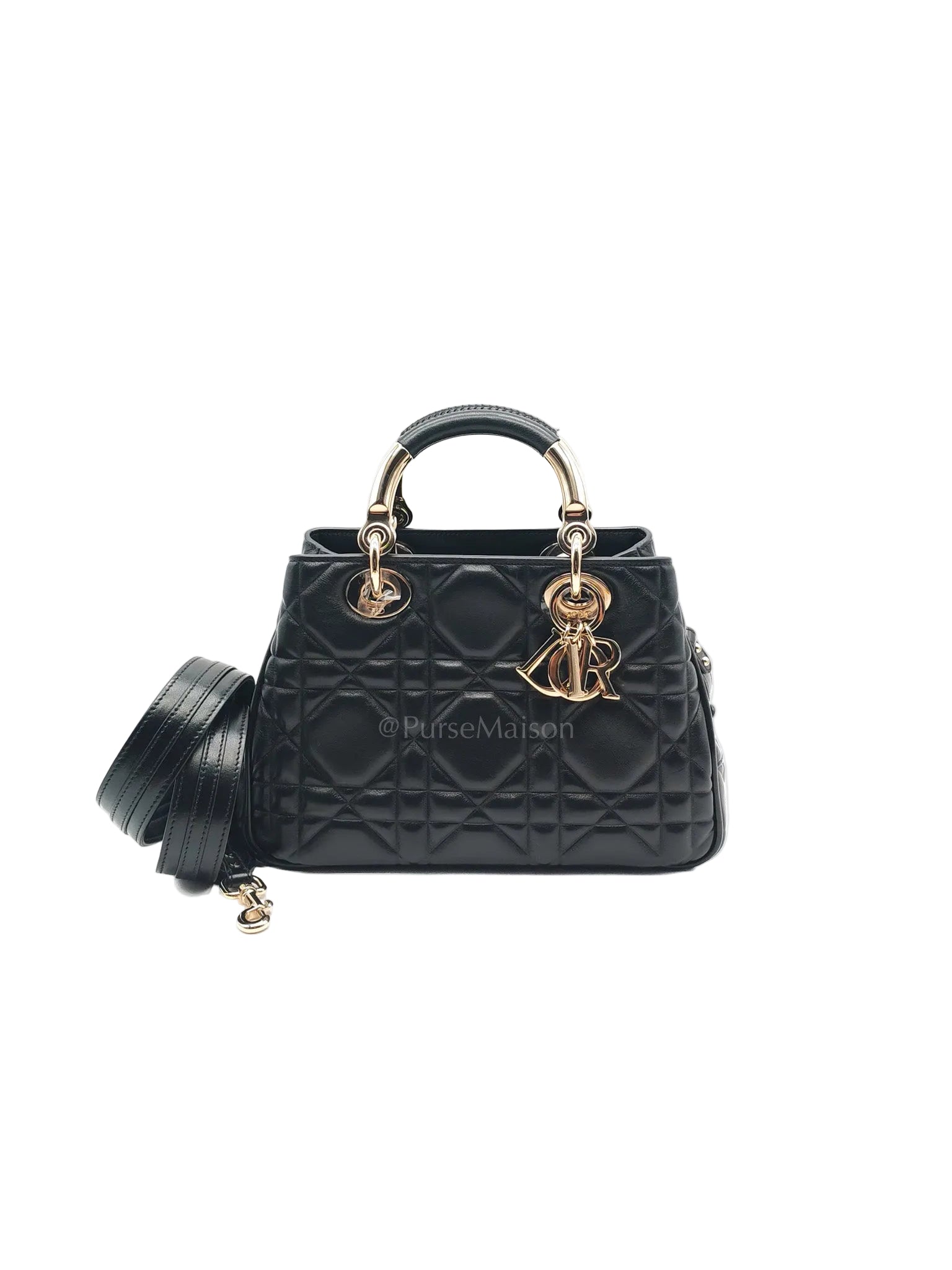 The Lady 95.22 Small Black Calfskin Cannage in Light Gold Hardware | Purse Maison Luxury Bags Shop
