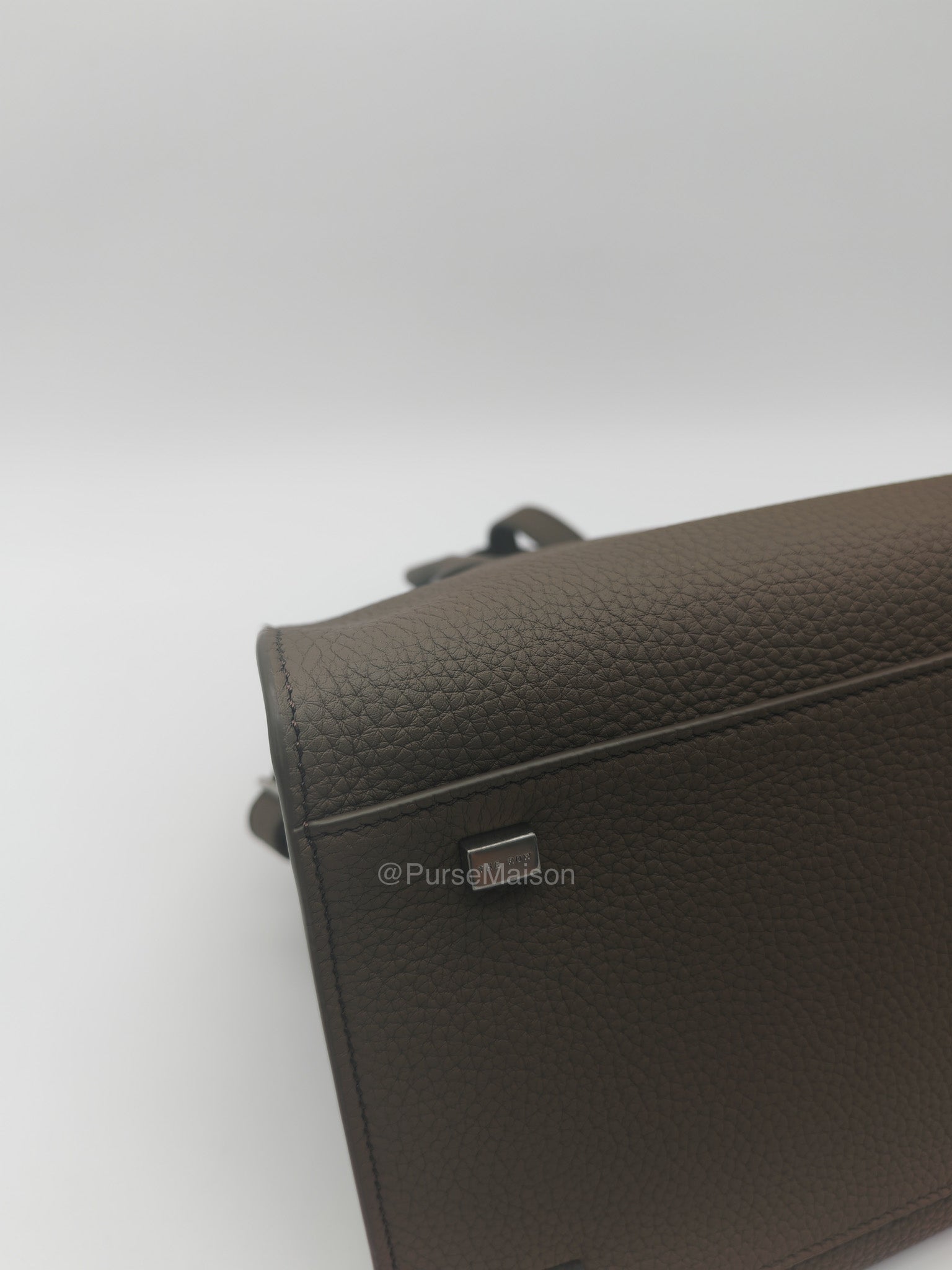 The Row Soft Margaux 10 in Smoke Taupe Calfskin Grained Leather | Purse Maison Luxury Bags Shop