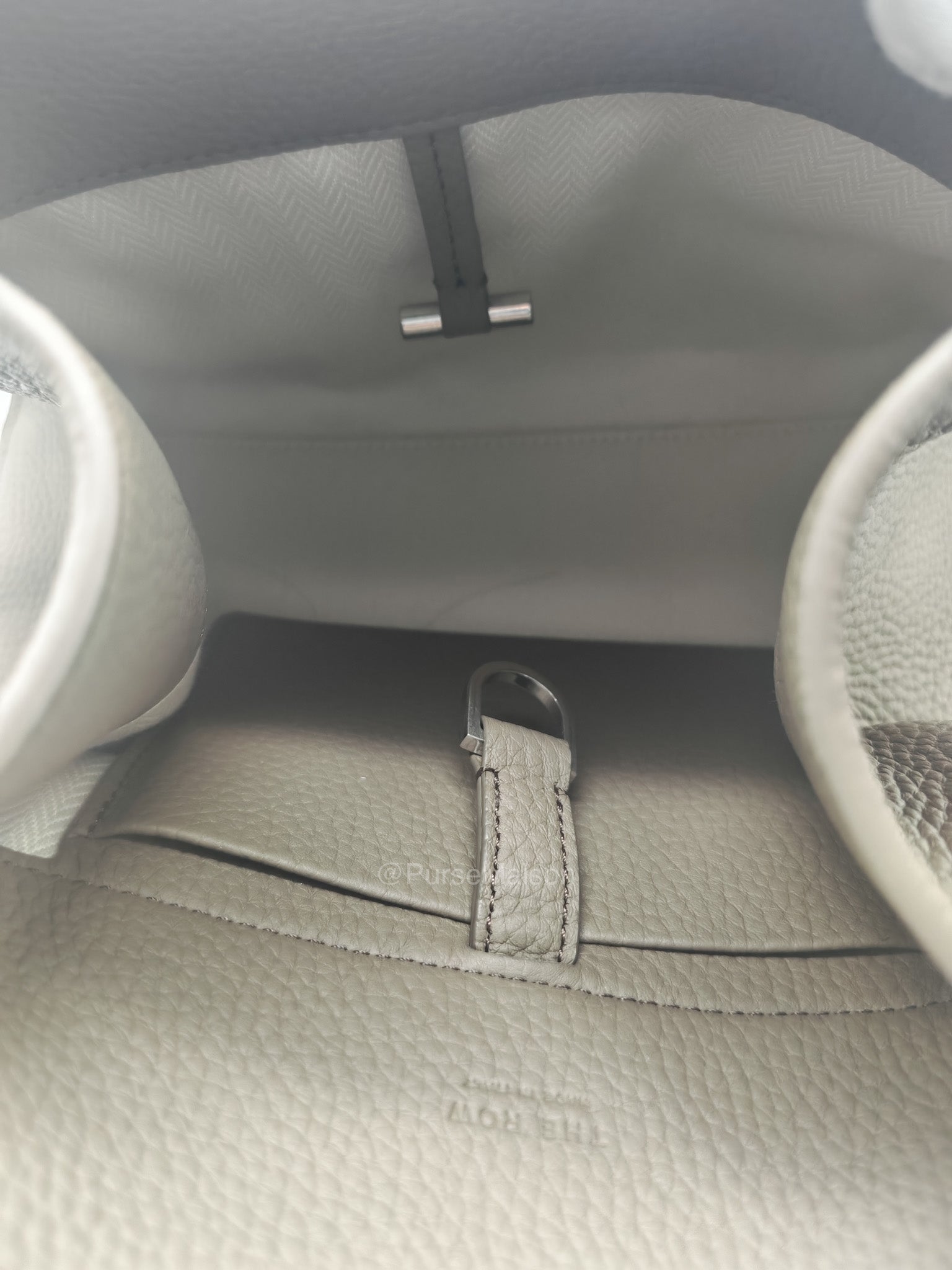 The Row Soft Margaux 10 in Smoke Taupe Calfskin Grained Leather | Purse Maison Luxury Bags Shop