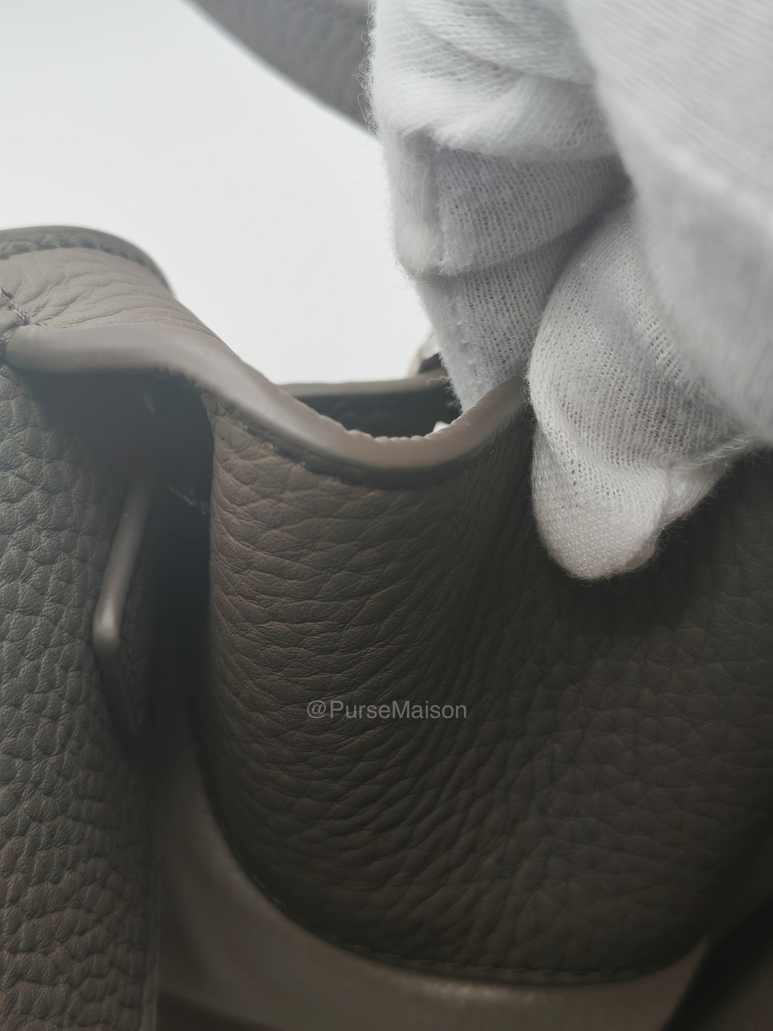 The Row Soft Margaux 10 in Smoke Taupe Calfskin Grained Leather | Purse Maison Luxury Bags Shop