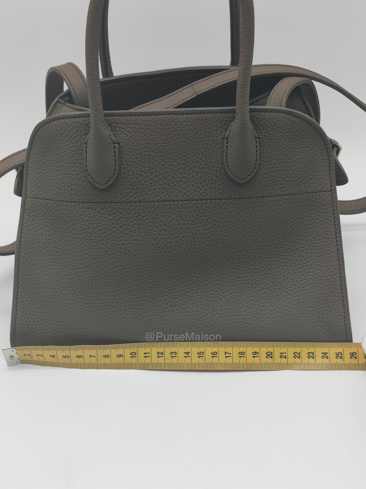 The Row Soft Margaux 10 in Smoke Taupe Calfskin Grained Leather | Purse Maison Luxury Bags Shop