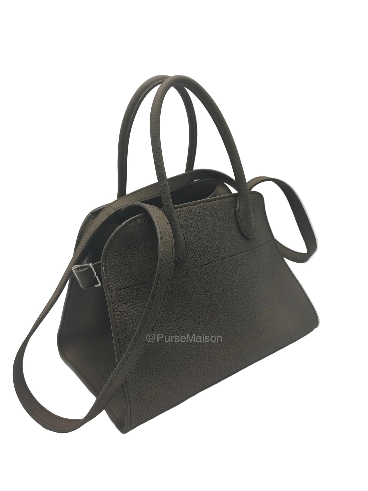 The Row Soft Margaux 10 in Smoke Taupe Calfskin Grained Leather | Purse Maison Luxury Bags Shop