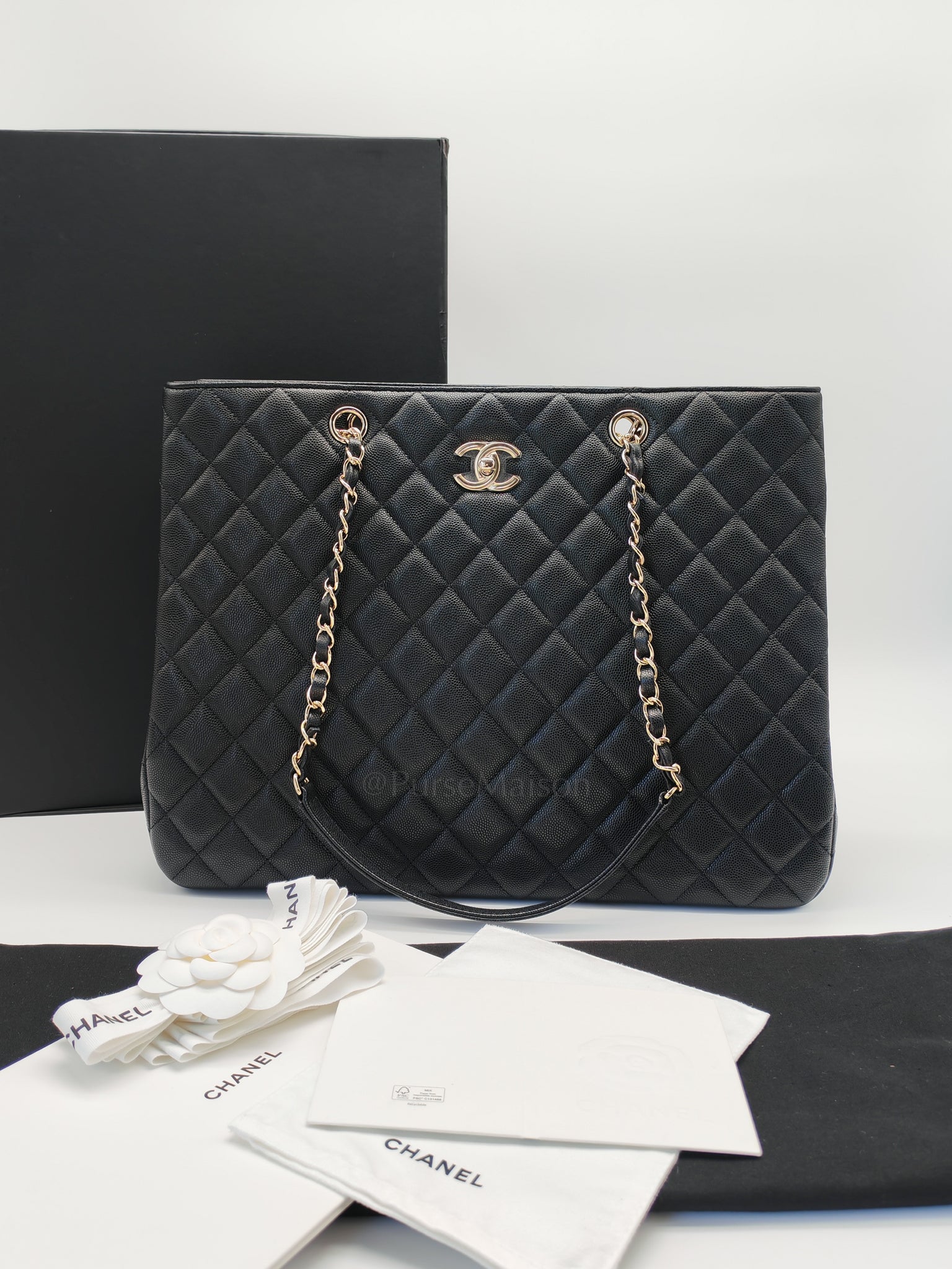 Timeless Classic Tote in Black Quilted Caviar Leather and Light Gold Hardware (Microchip) | Purse Maison Luxury Bags Shop