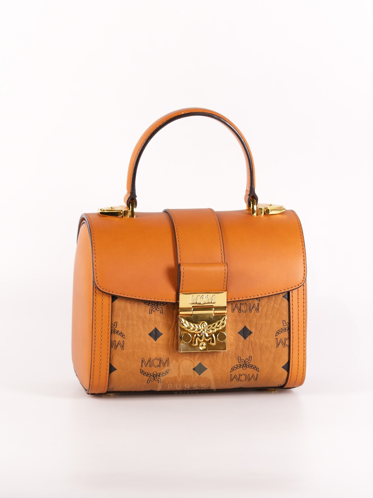 Tracy Satchel Small Top Handle Bag in Brown Visetos Cognac Coated Canvas & Gold Hardware | Purse Maison Luxury Bags Shop