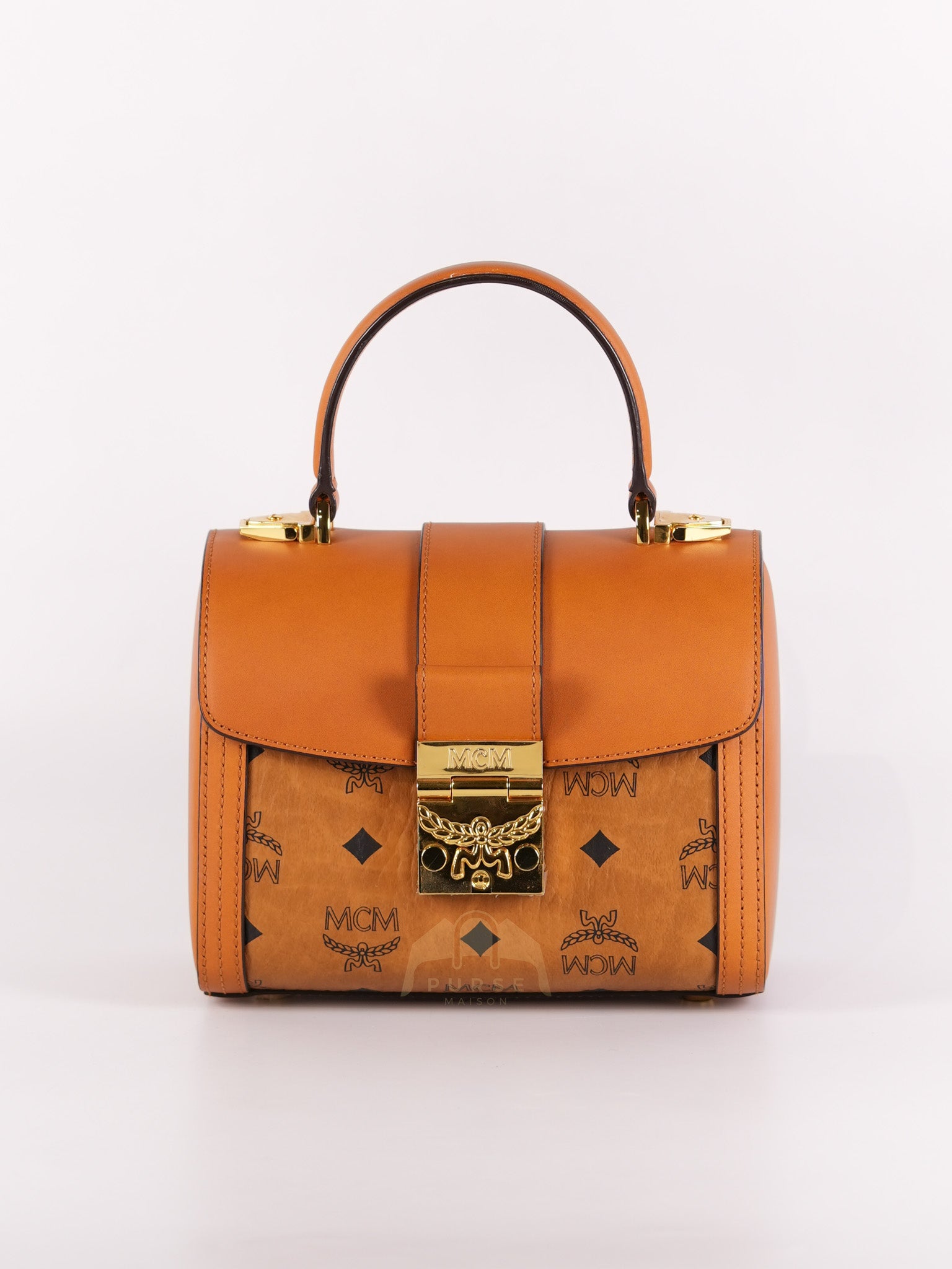 Tracy Satchel Small Top Handle Bag in Brown Visetos Cognac Coated Canvas & Gold Hardware | Purse Maison Luxury Bags Shop