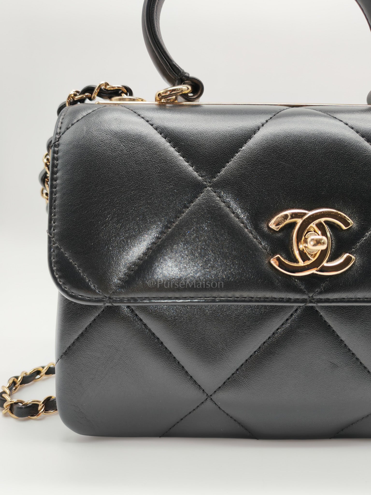 Trendy CC Small Top Handle Bag in Black Quilted Lambskin Leather & Light Gold Hardware Series 28 | Purse Maison Luxury Bags Shop