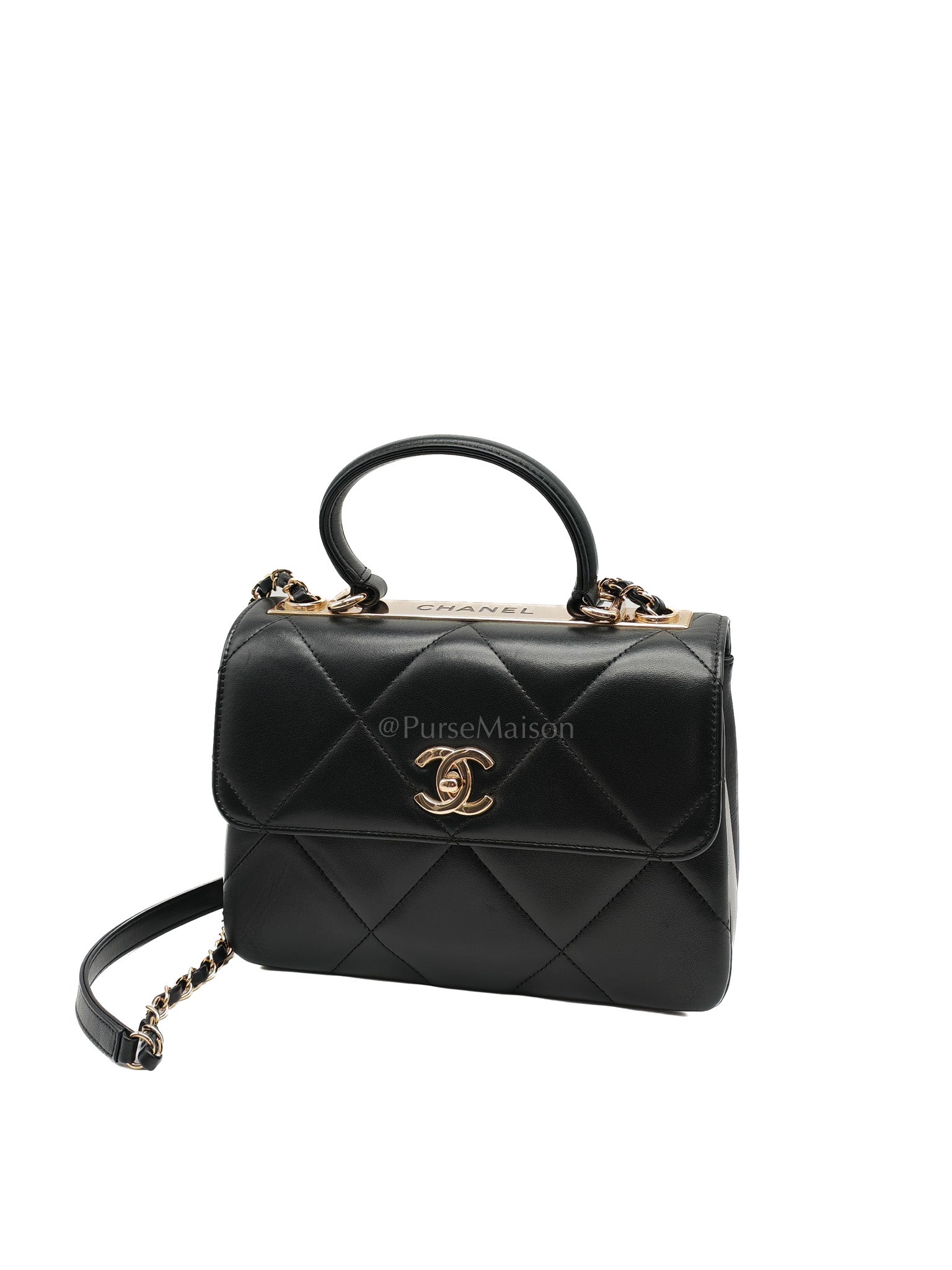 Trendy CC Small Top Handle Bag in Black Quilted Lambskin Leather & Light Gold Hardware Series 28 | Purse Maison Luxury Bags Shop