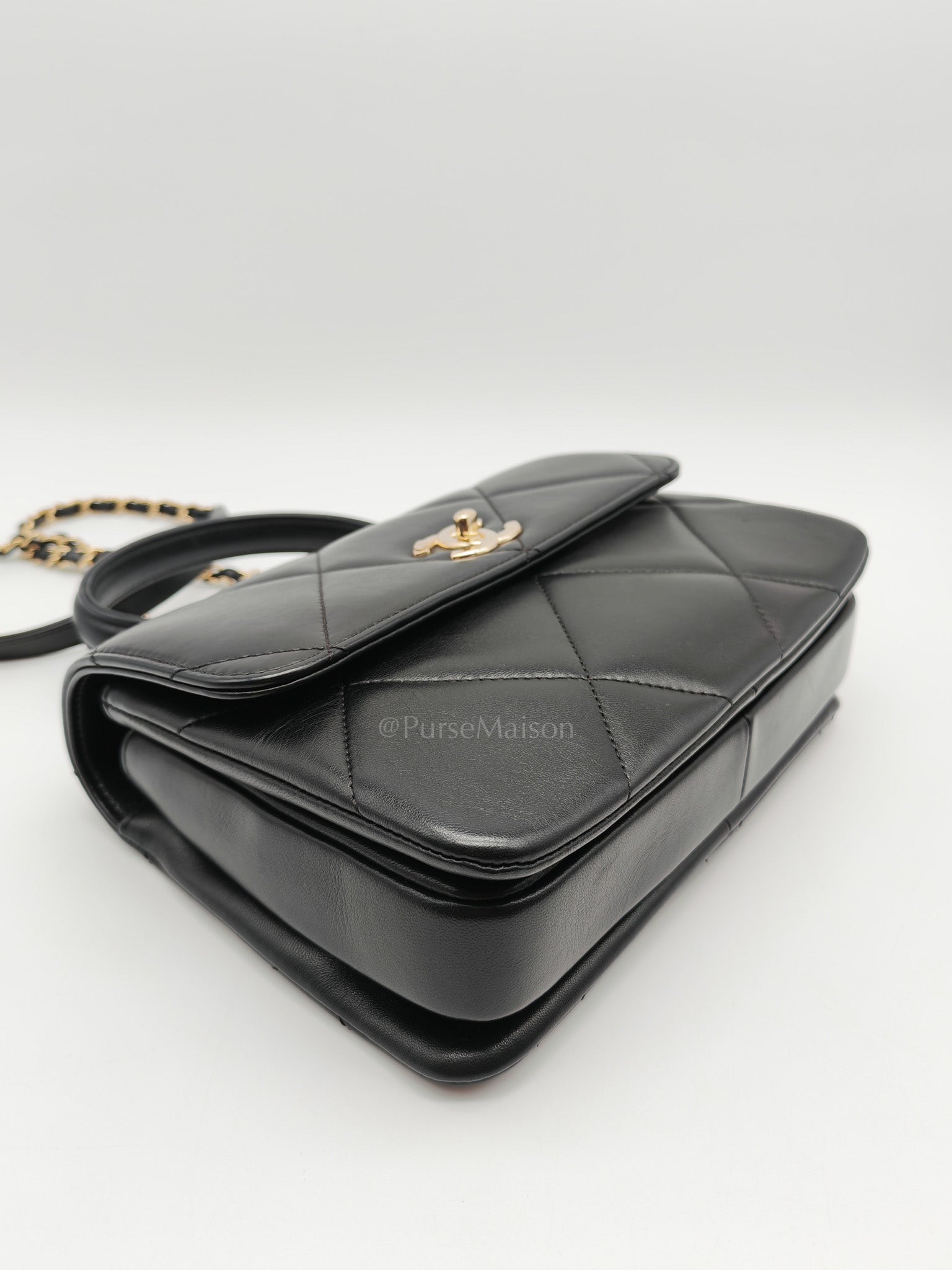 Trendy CC Small Top Handle Bag in Black Quilted Lambskin Leather & Light Gold Hardware Series 28 | Purse Maison Luxury Bags Shop