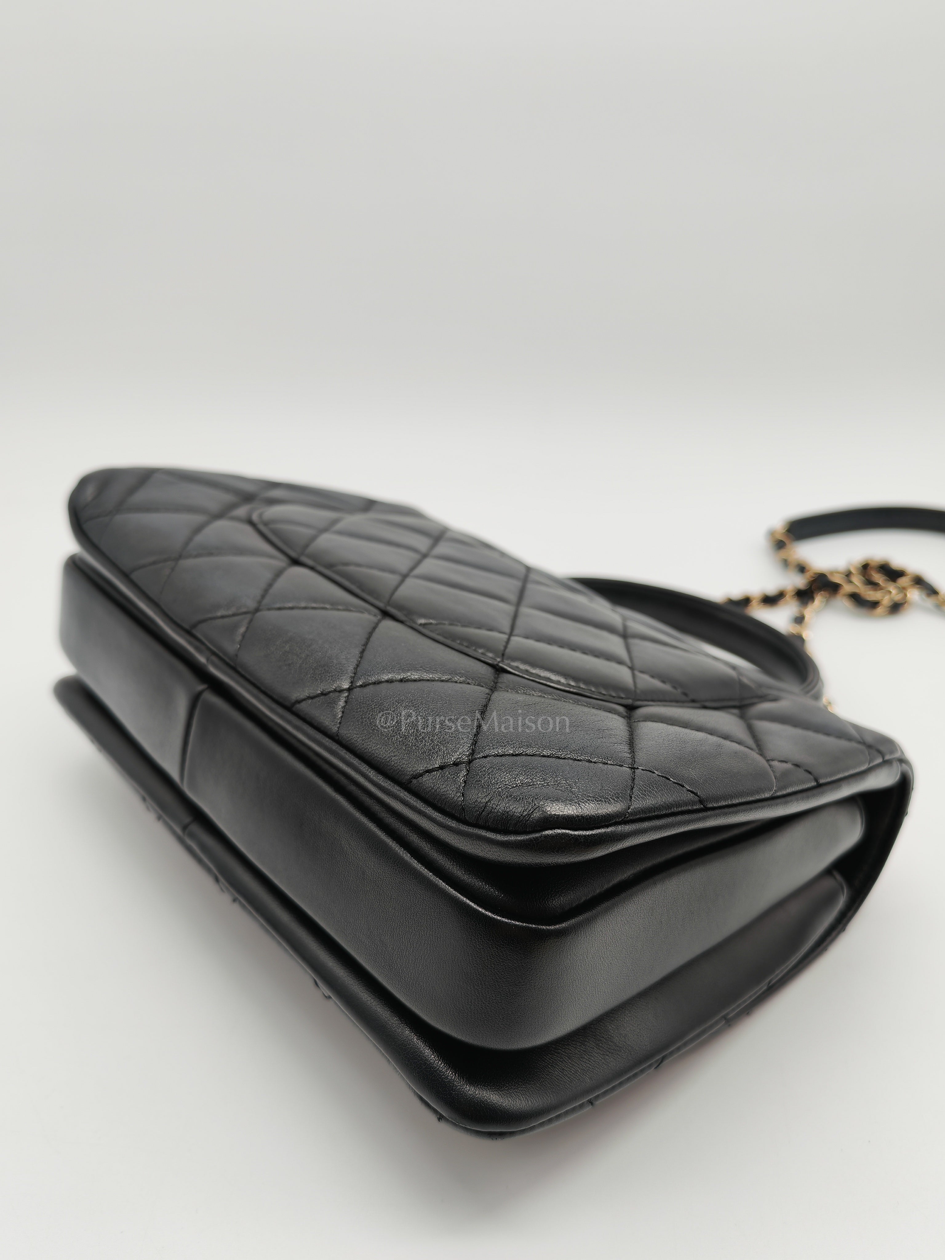 Trendy CC Top Handle Flap Bag in Dark Navy Blue Quilted Lambskin Leather & Light Gold Hardware Microchip Microchip | Purse Maison Luxury Bags Shop