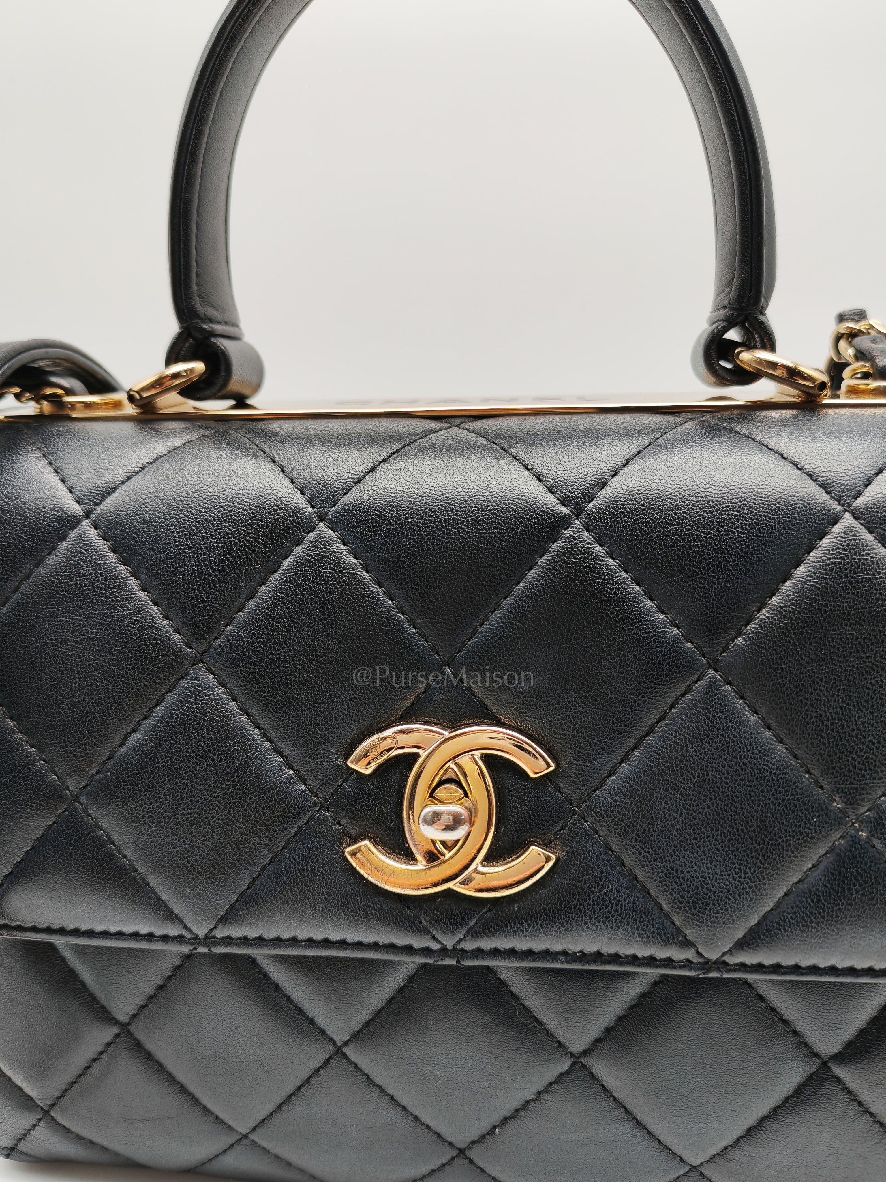 Trendy CC Top Handle Flap Bag in Dark Navy Blue Quilted Lambskin Leather & Light Gold Hardware Microchip Microchip | Purse Maison Luxury Bags Shop