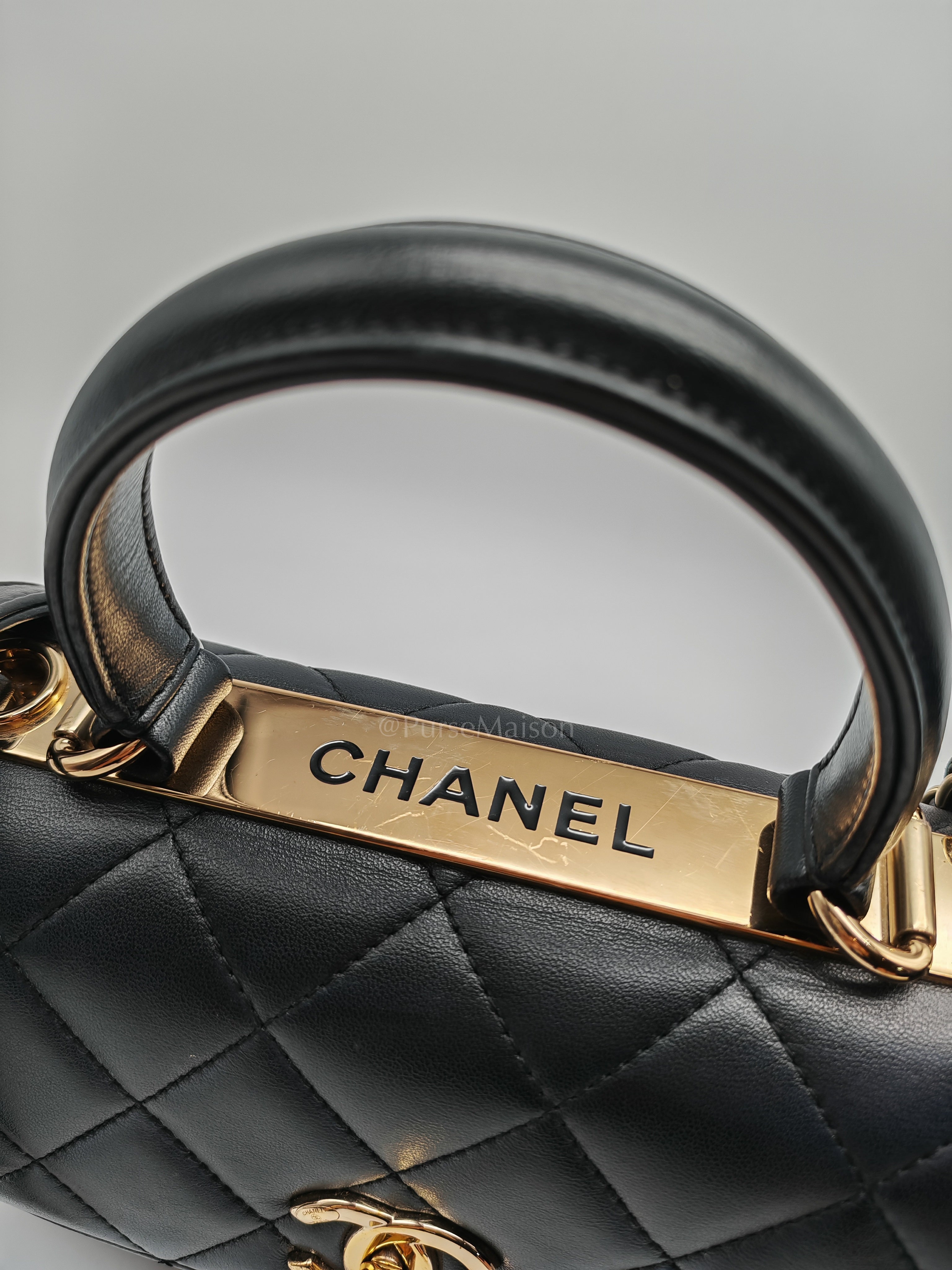 Trendy CC Top Handle Flap Bag in Dark Navy Blue Quilted Lambskin Leather & Light Gold Hardware Microchip Microchip | Purse Maison Luxury Bags Shop
