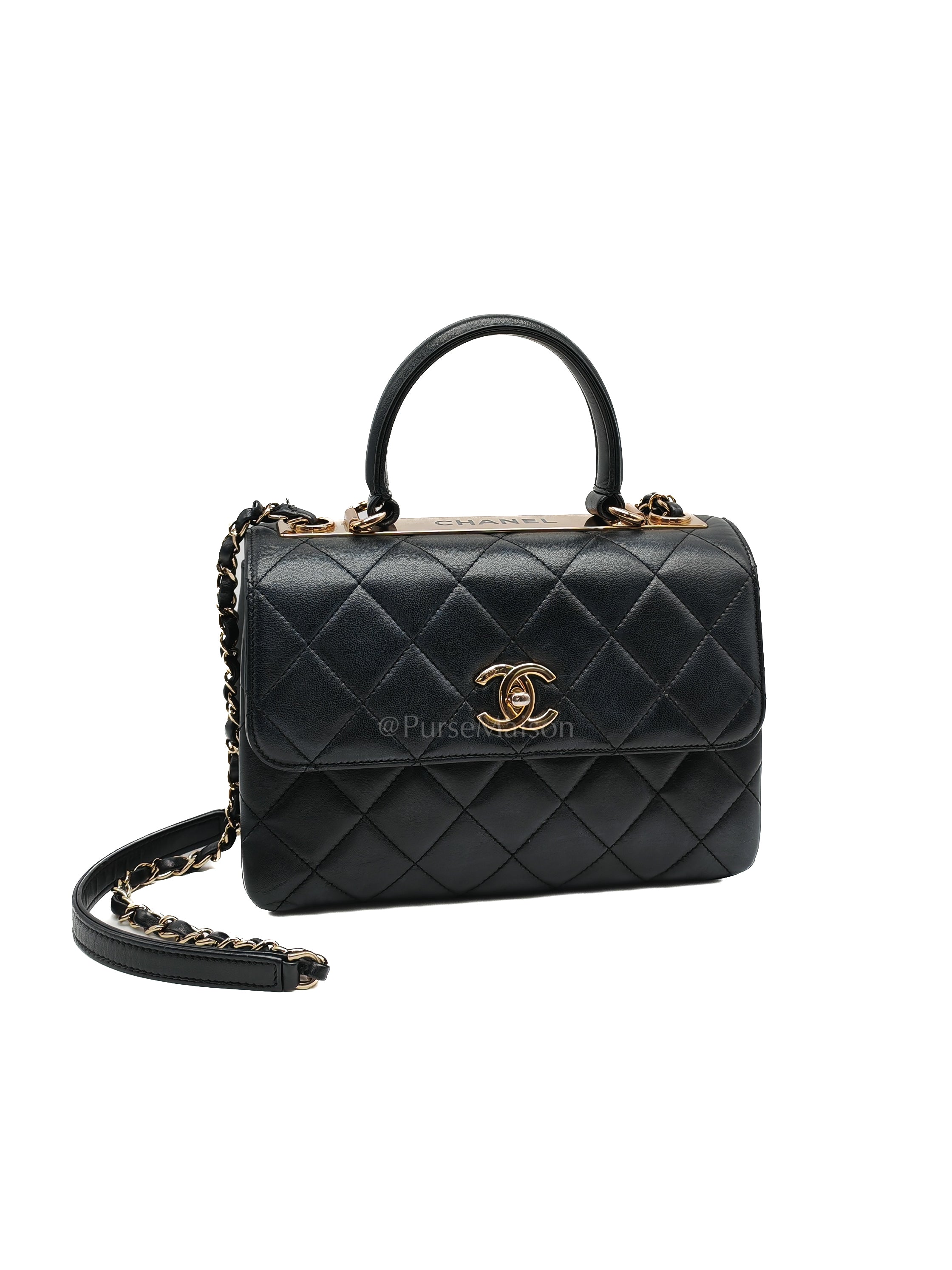 Trendy CC Top Handle Flap Bag in Dark Navy Blue Quilted Lambskin Leather & Light Gold Hardware Microchip Microchip | Purse Maison Luxury Bags Shop