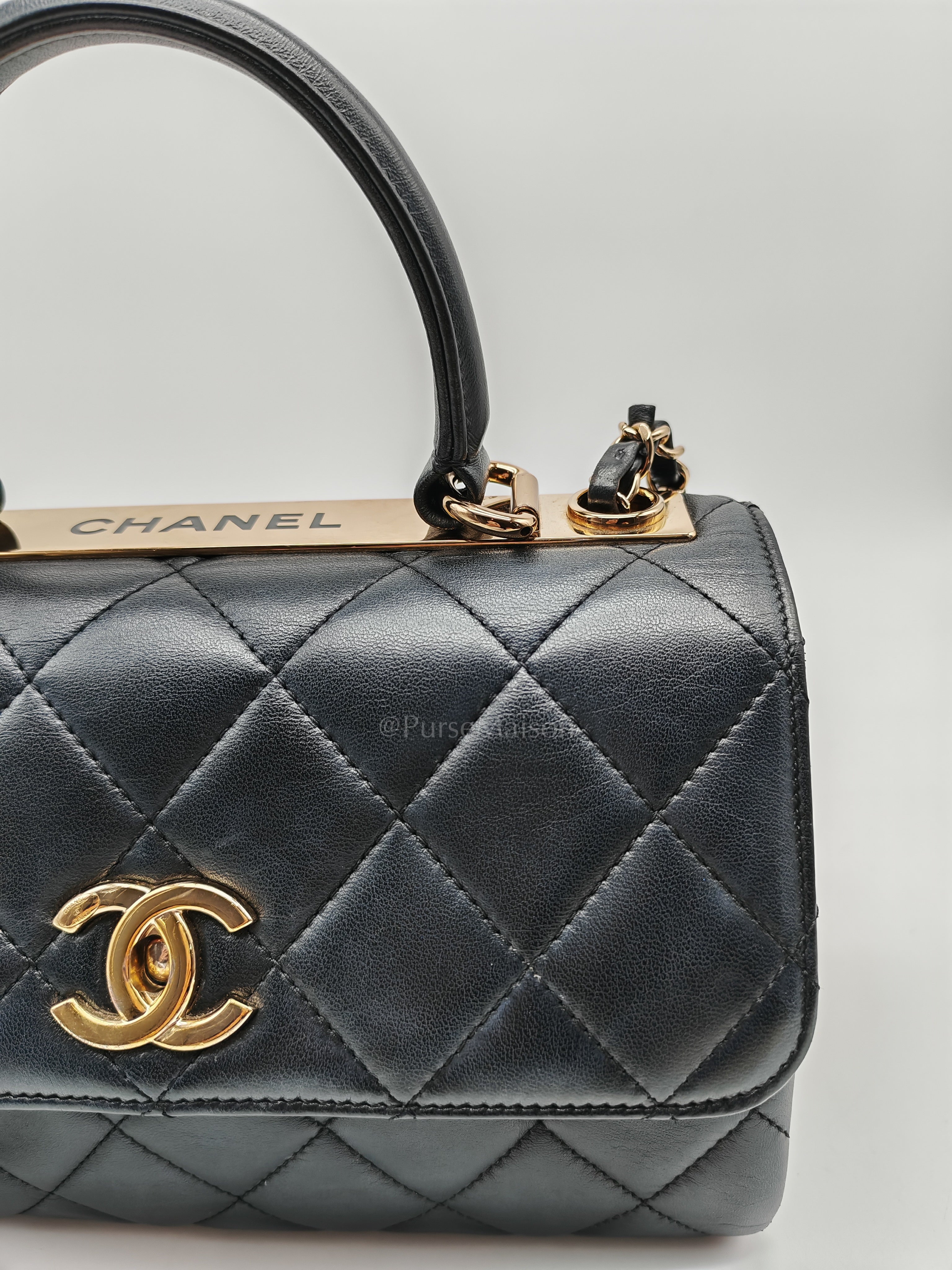 Trendy CC Top Handle Flap Bag in Dark Navy Blue Quilted Lambskin Leather & Light Gold Hardware Microchip Microchip | Purse Maison Luxury Bags Shop