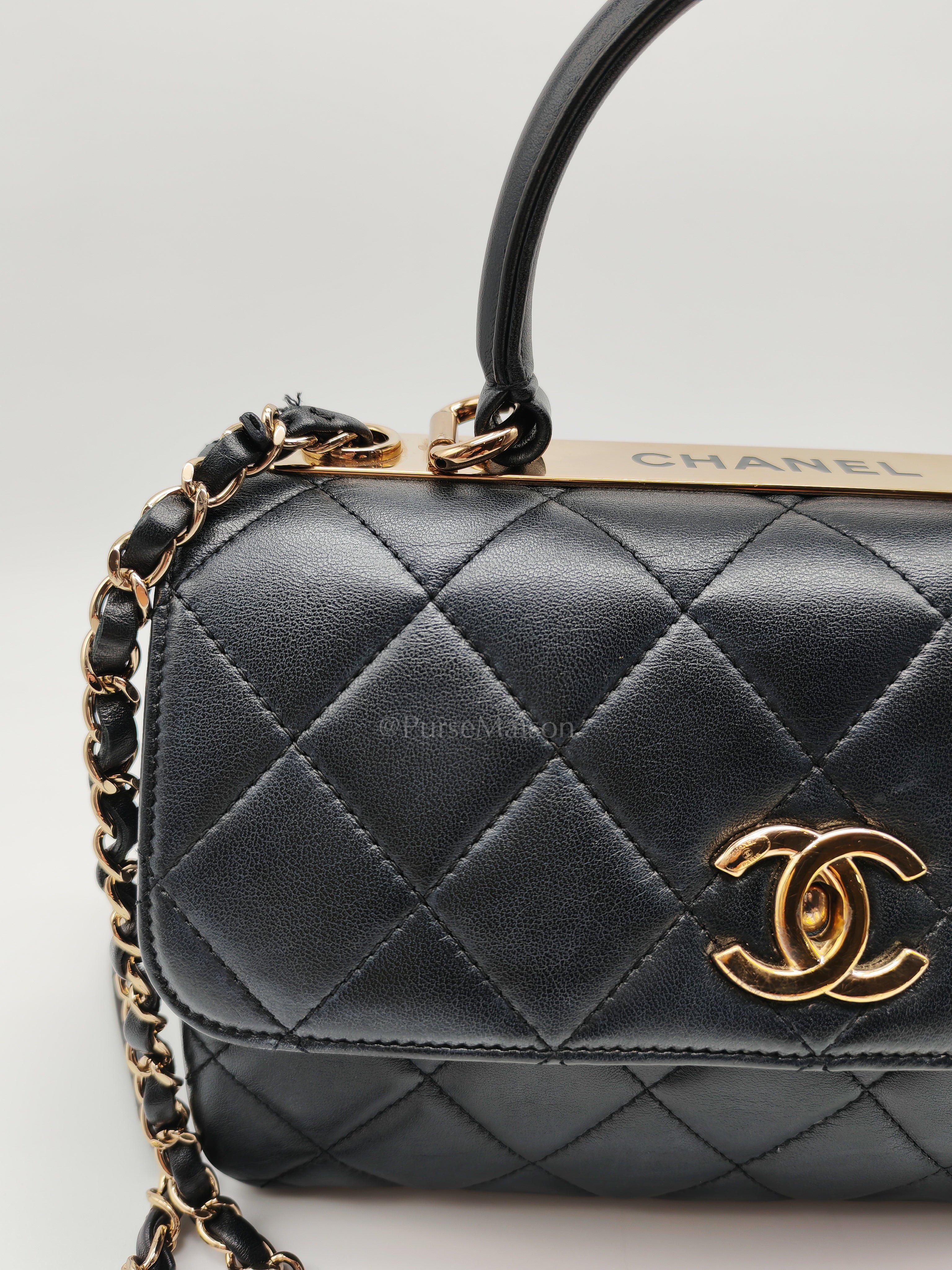 Trendy CC Top Handle Flap Bag in Dark Navy Blue Quilted Lambskin Leather & Light Gold Hardware Microchip Microchip | Purse Maison Luxury Bags Shop
