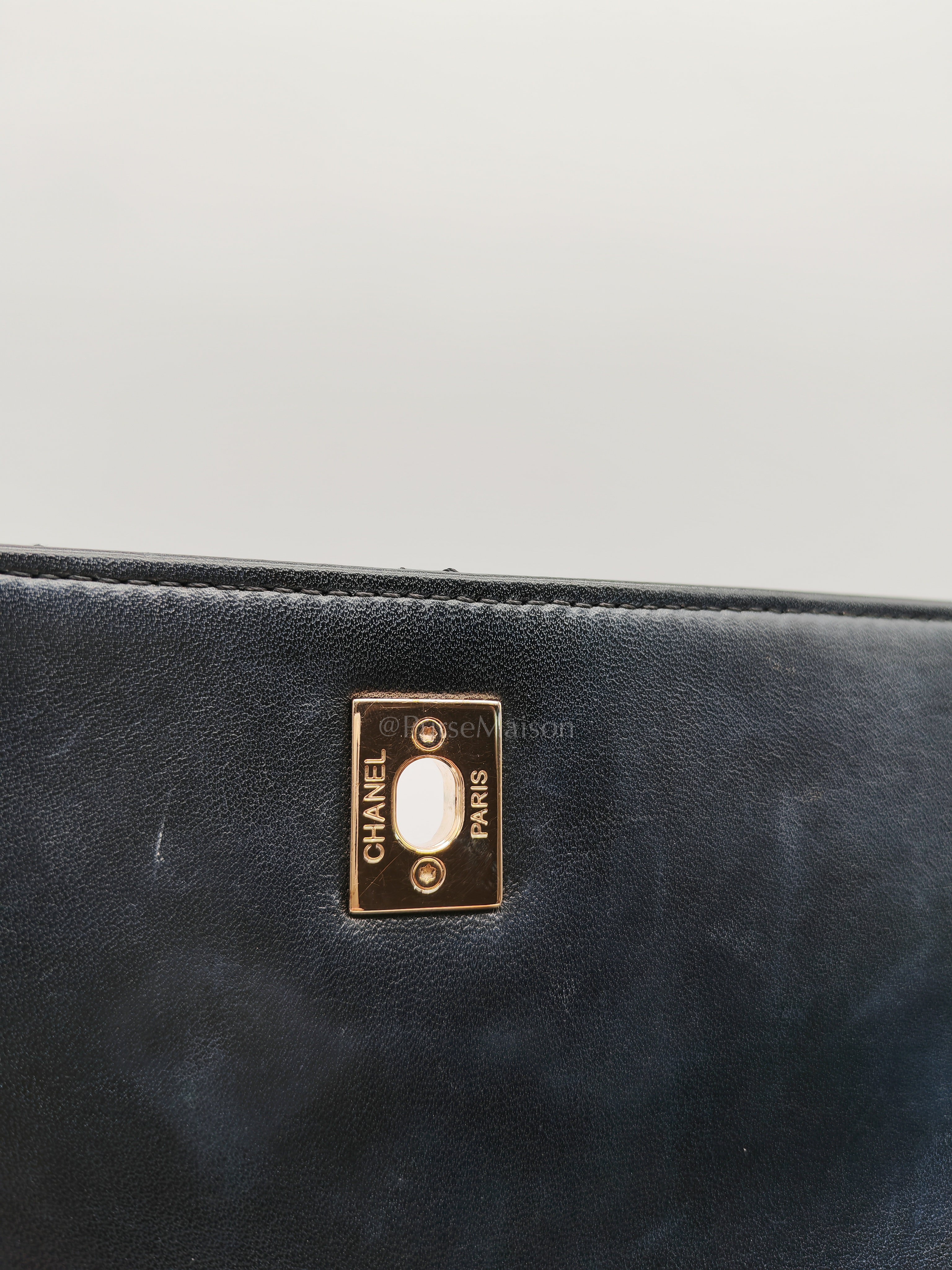 Trendy CC Top Handle Flap Bag in Dark Navy Blue Quilted Lambskin Leather & Light Gold Hardware Microchip Microchip | Purse Maison Luxury Bags Shop