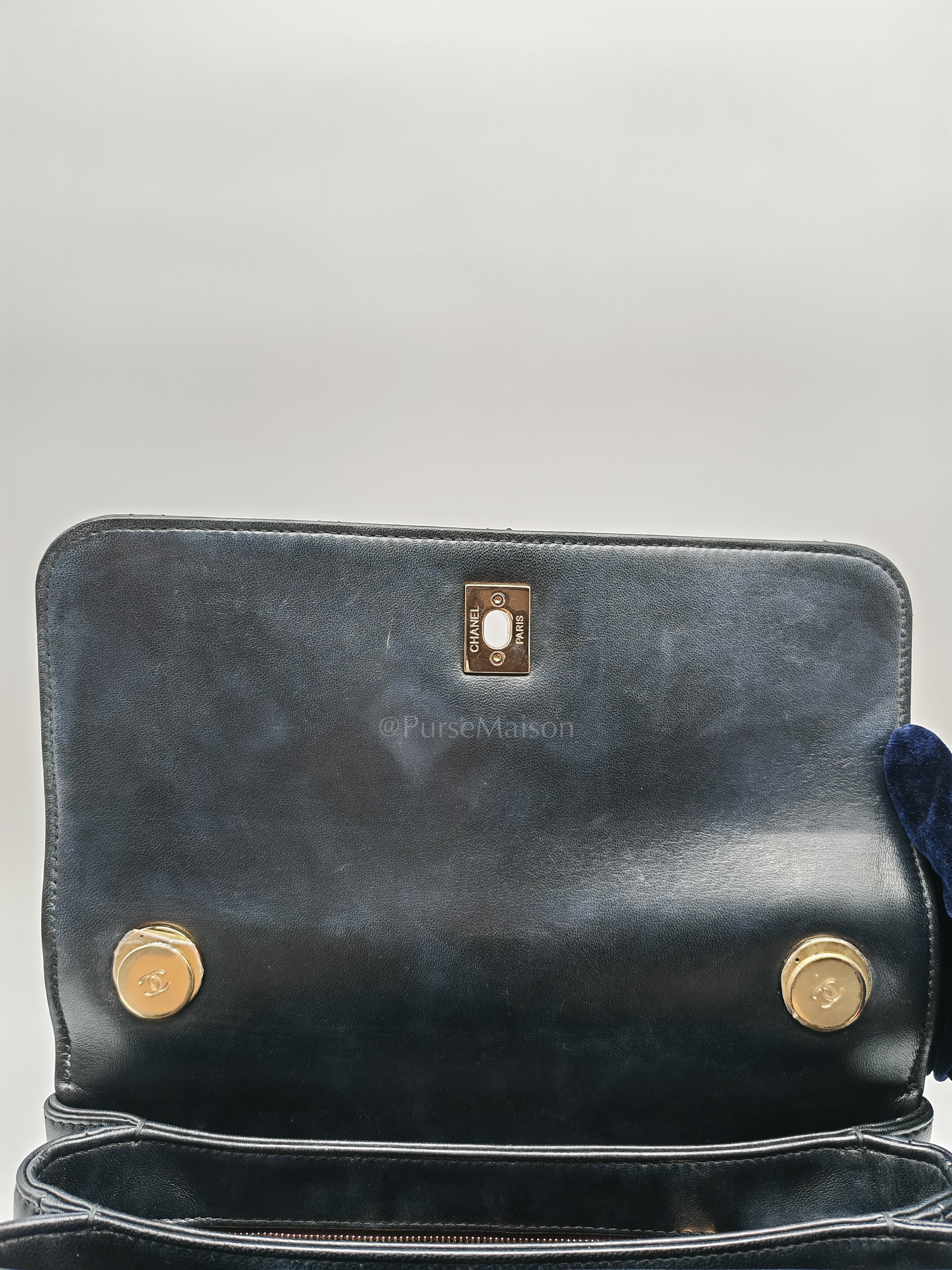 Trendy CC Top Handle Flap Bag in Dark Navy Blue Quilted Lambskin Leather & Light Gold Hardware Microchip Microchip | Purse Maison Luxury Bags Shop