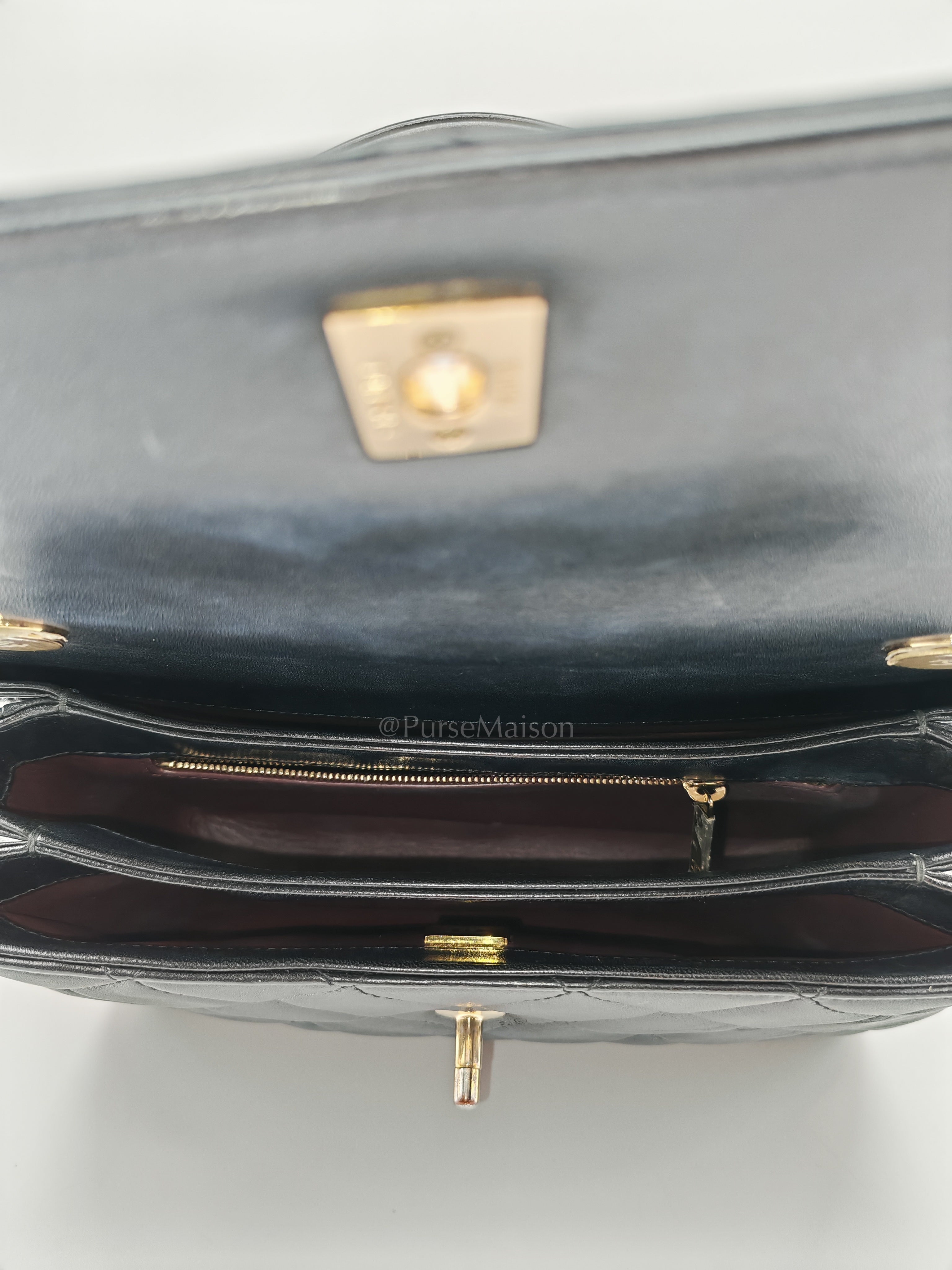 Trendy CC Top Handle Flap Bag in Dark Navy Blue Quilted Lambskin Leather & Light Gold Hardware Microchip Microchip | Purse Maison Luxury Bags Shop