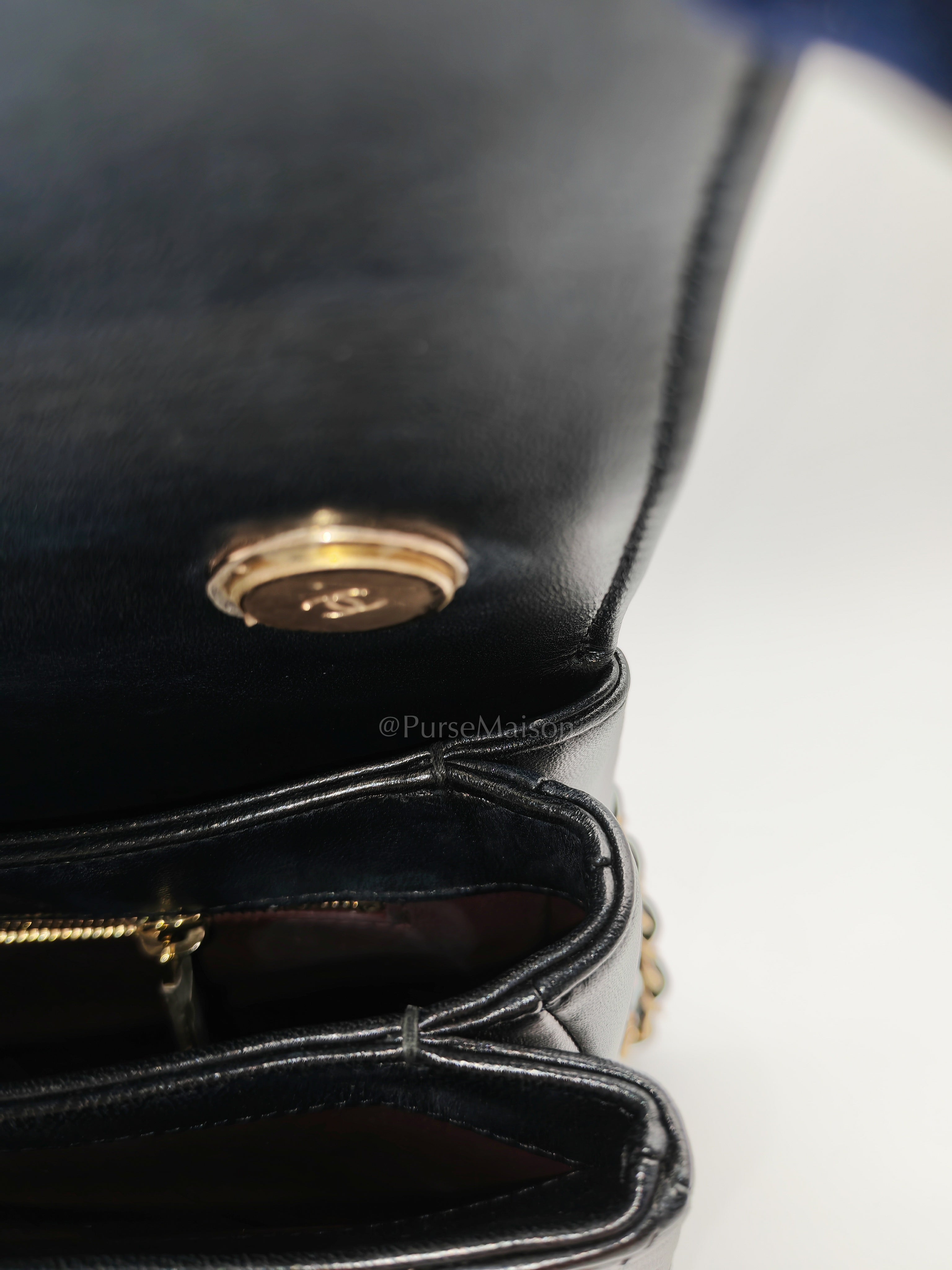 Trendy CC Top Handle Flap Bag in Dark Navy Blue Quilted Lambskin Leather & Light Gold Hardware Microchip Microchip | Purse Maison Luxury Bags Shop