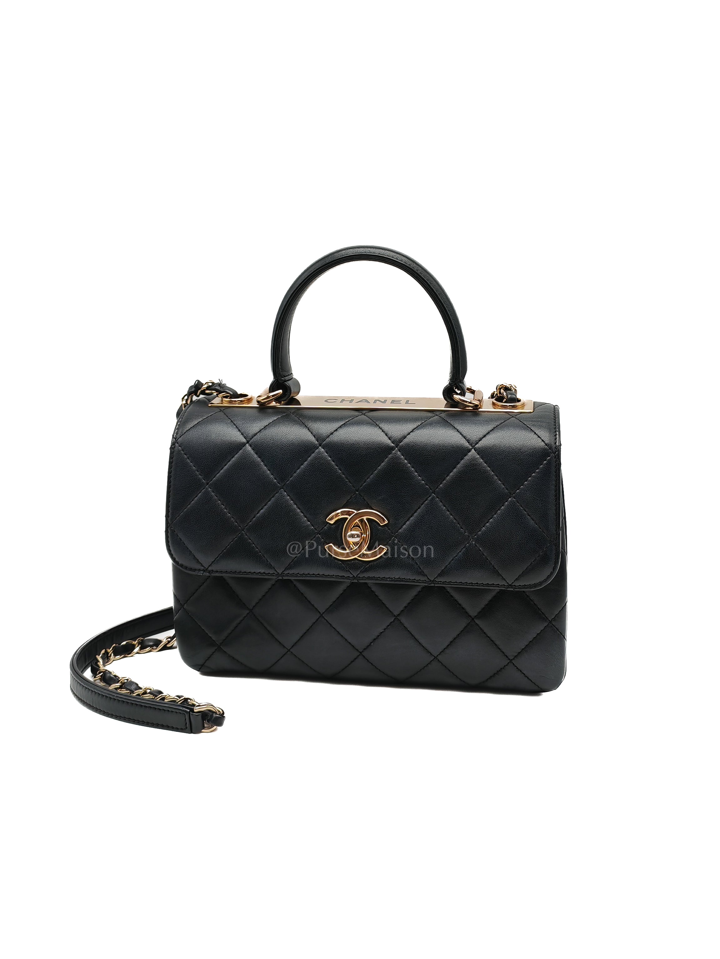 Trendy CC Top Handle Flap Bag in Dark Navy Blue Quilted Lambskin Leather & Light Gold Hardware Microchip Microchip | Purse Maison Luxury Bags Shop
