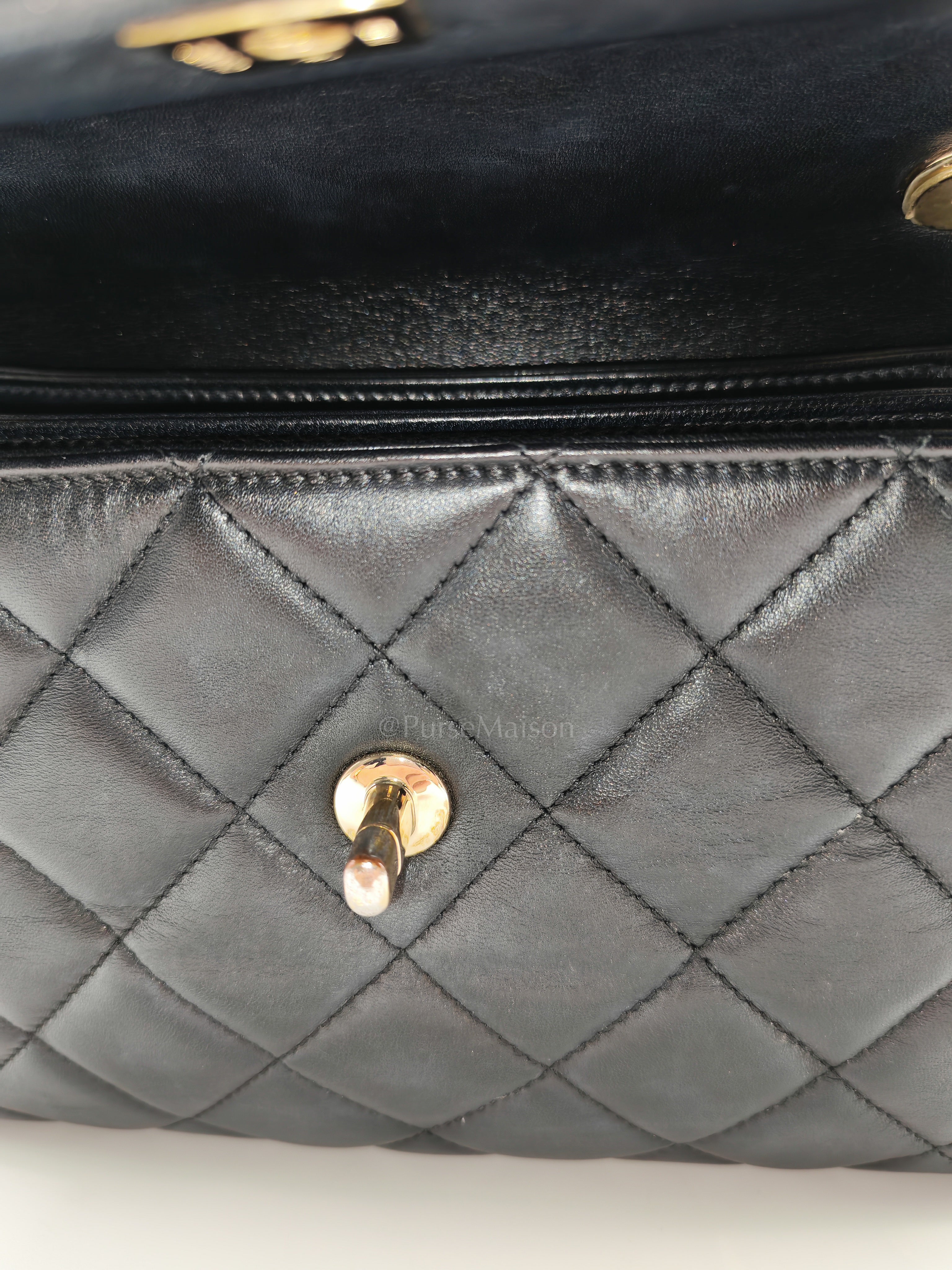 Trendy CC Top Handle Flap Bag in Dark Navy Blue Quilted Lambskin Leather & Light Gold Hardware Microchip Microchip | Purse Maison Luxury Bags Shop