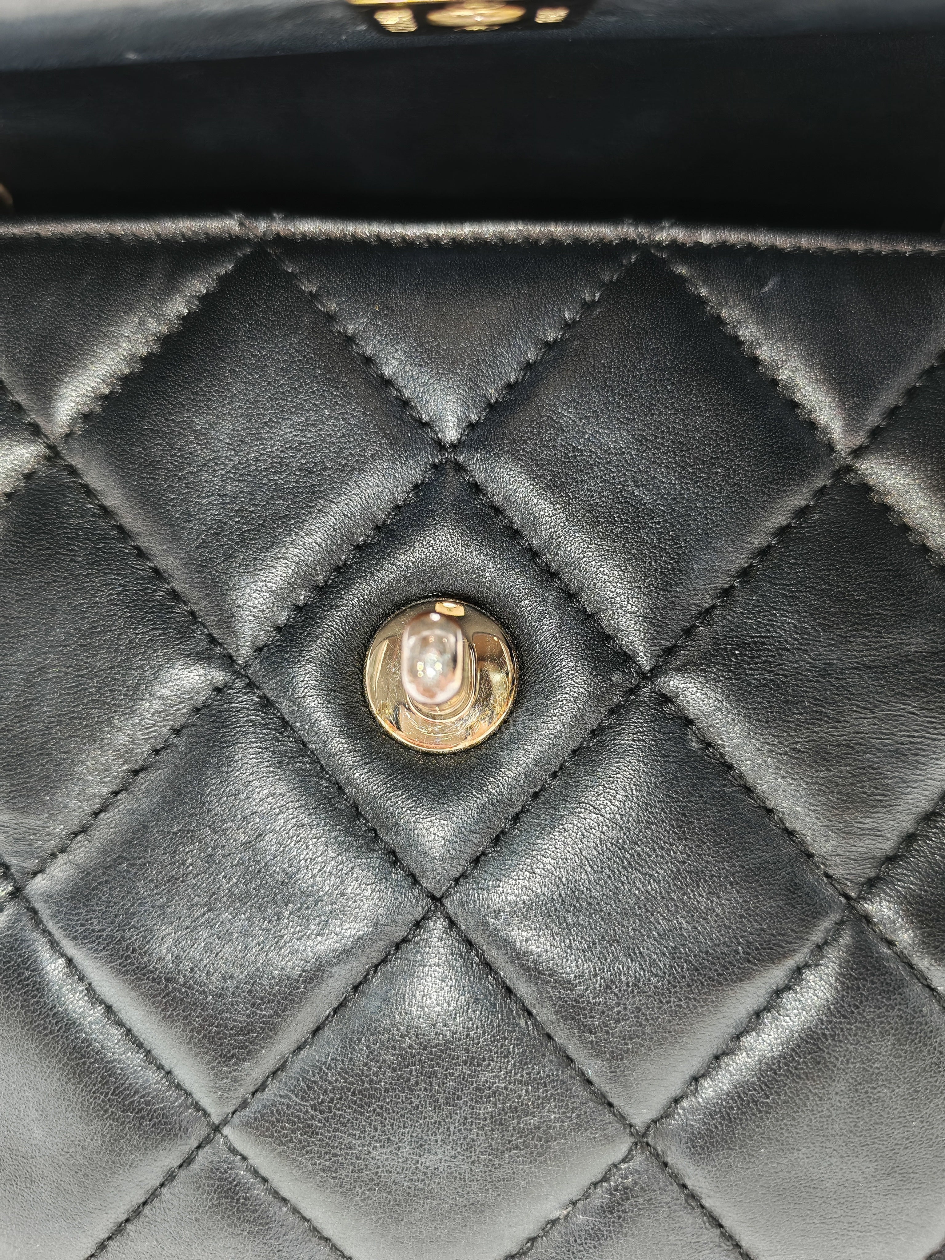 Trendy CC Top Handle Flap Bag in Dark Navy Blue Quilted Lambskin Leather & Light Gold Hardware Microchip Microchip | Purse Maison Luxury Bags Shop