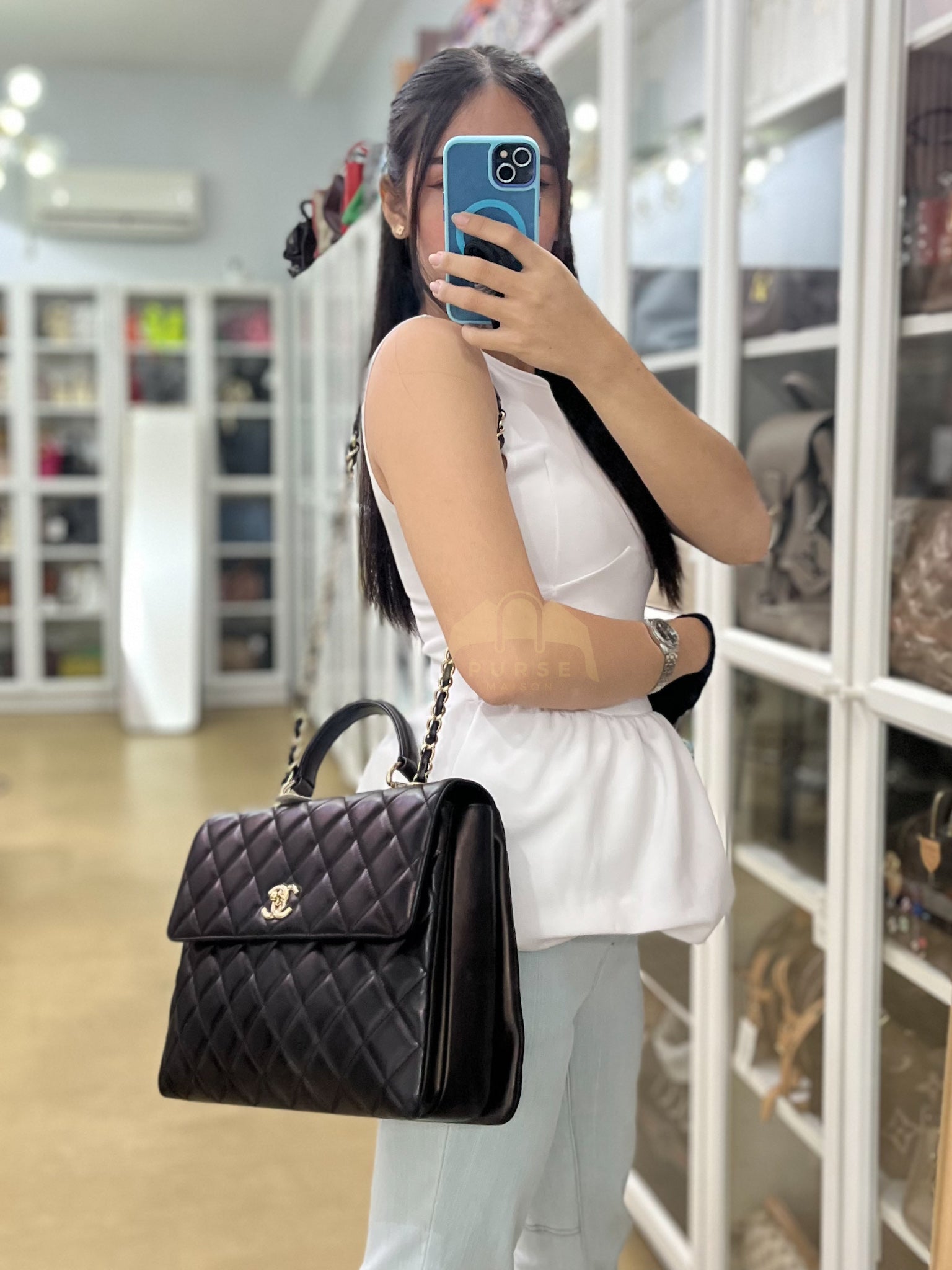 Trendy CC Top Handle Jumbo in Black Lambskin Light Gold Hardware (Series 19) | Purse Maison Luxury Bags Shop