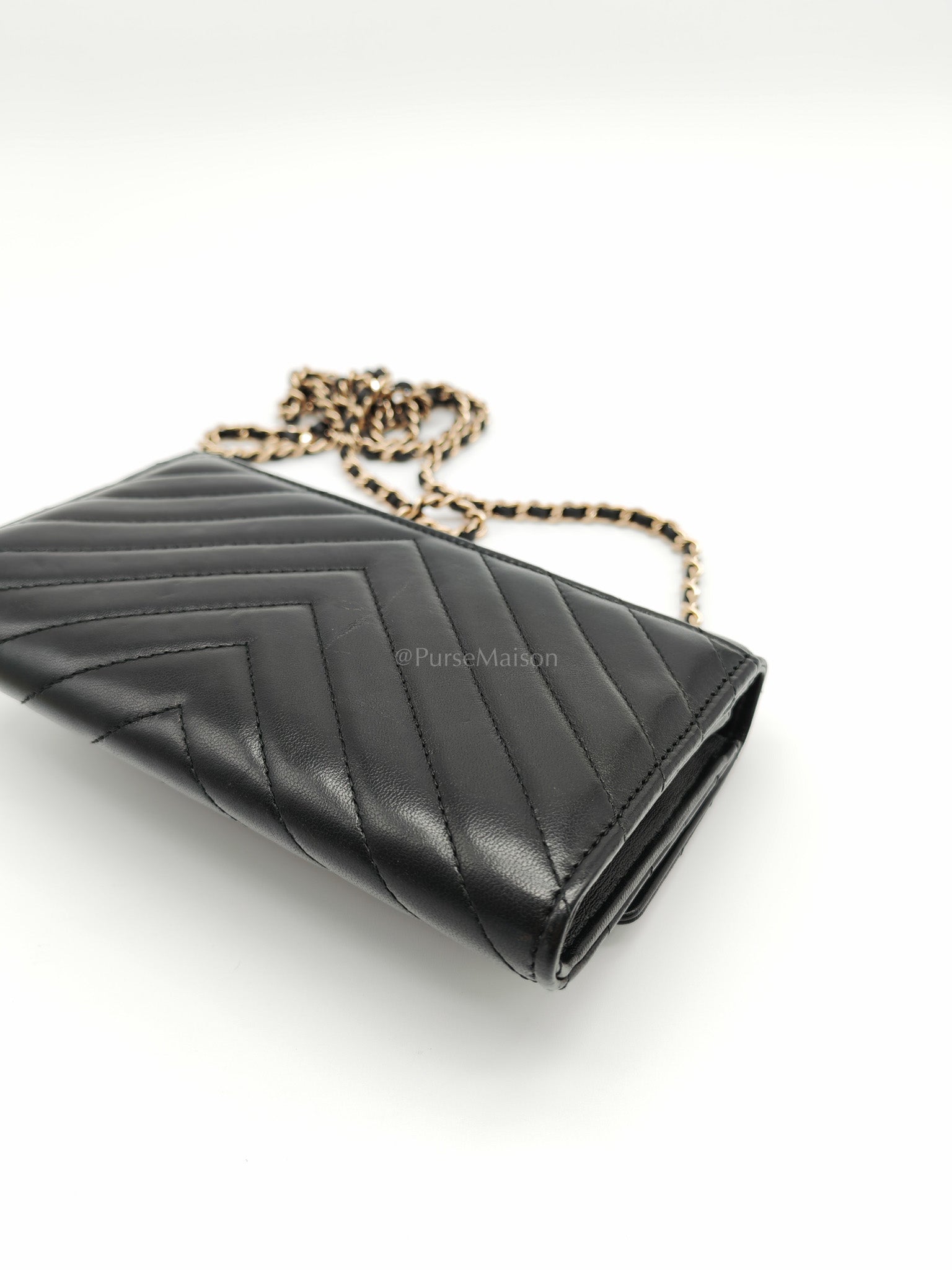 Trendy CC Wallet On Chain (WOC) in Black Chevron Lambskin Leather and Light Gold Hardware Series 25 | Purse Maison Luxury Bags Shop