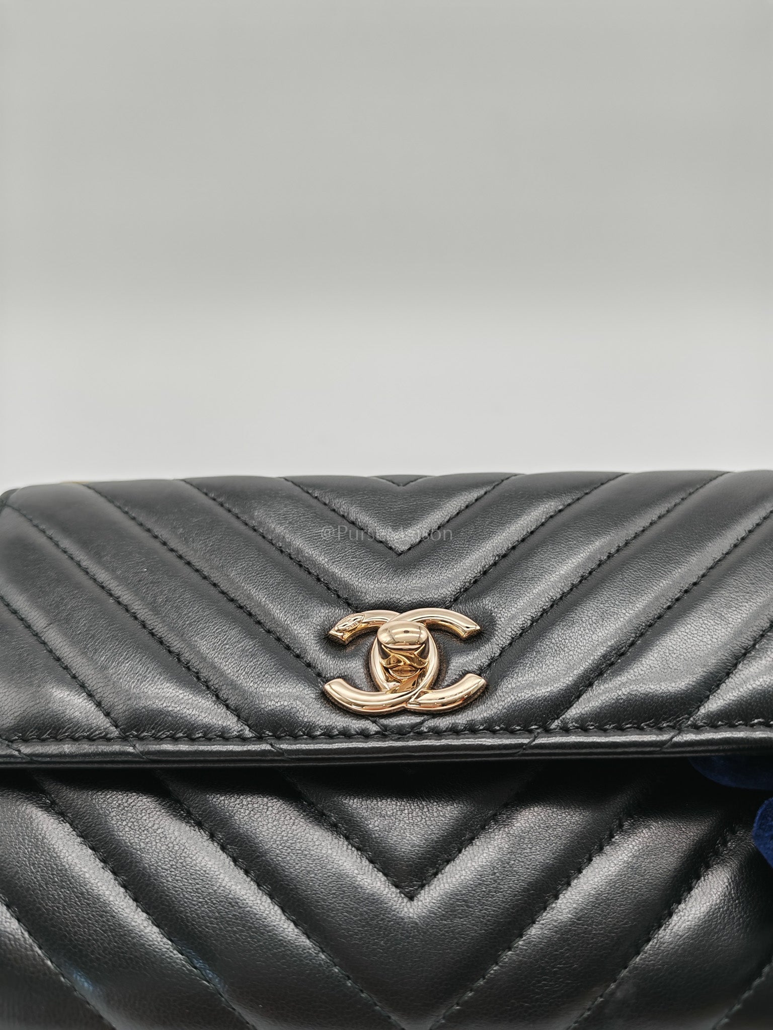 Trendy CC Wallet On Chain (WOC) in Black Chevron Lambskin Leather and Light Gold Hardware Series 25 | Purse Maison Luxury Bags Shop