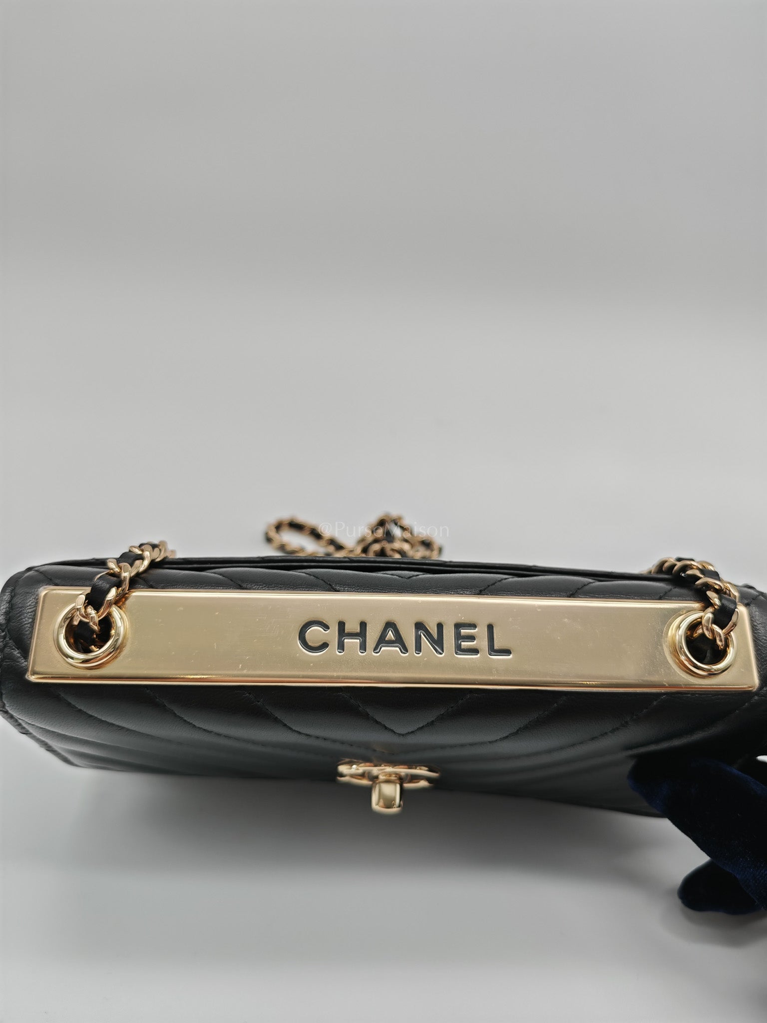 Trendy CC Wallet On Chain (WOC) in Black Chevron Lambskin Leather and Light Gold Hardware Series 25 | Purse Maison Luxury Bags Shop