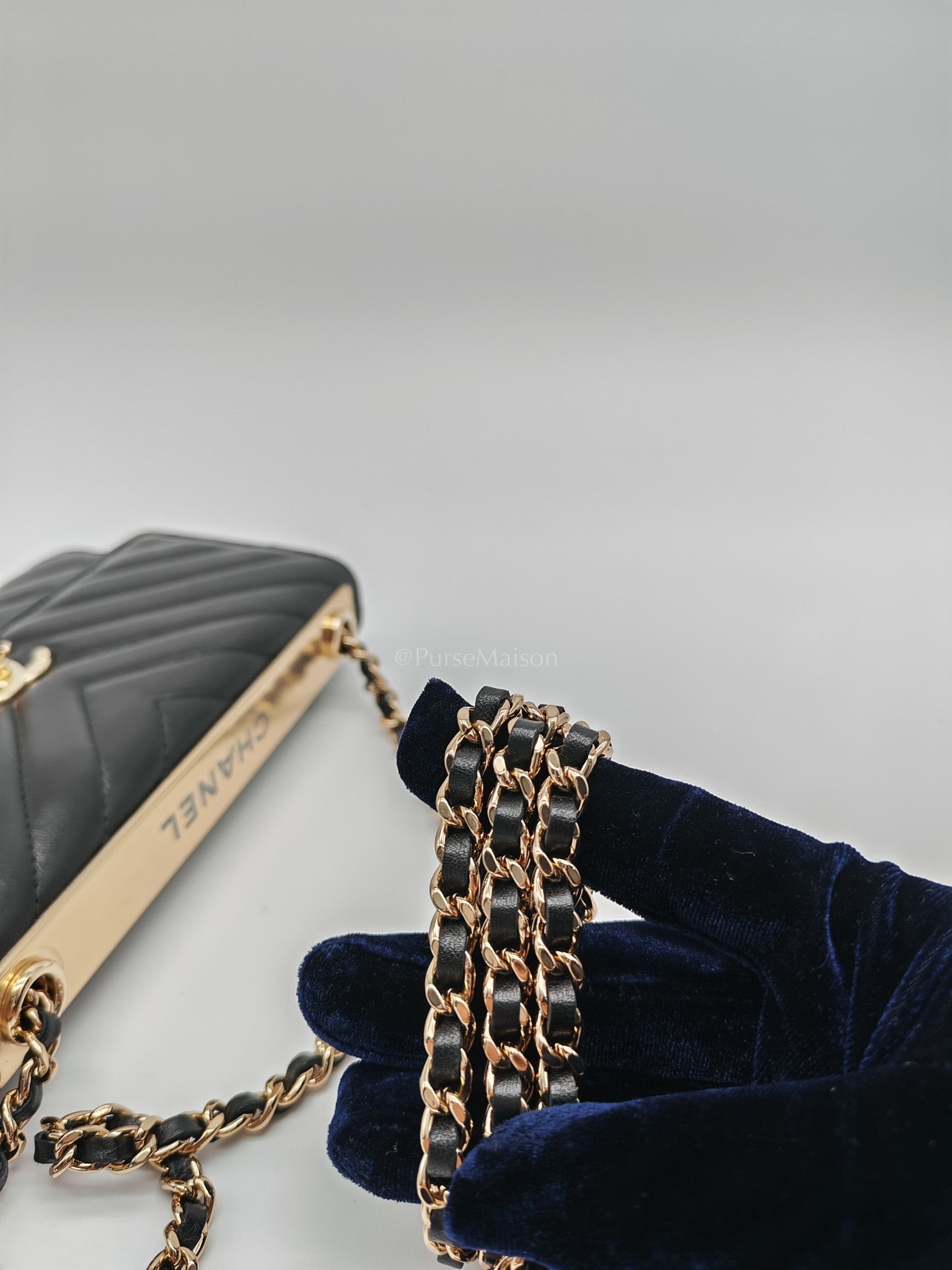 Trendy CC Wallet On Chain (WOC) in Black Chevron Lambskin Leather and Light Gold Hardware Series 25 | Purse Maison Luxury Bags Shop