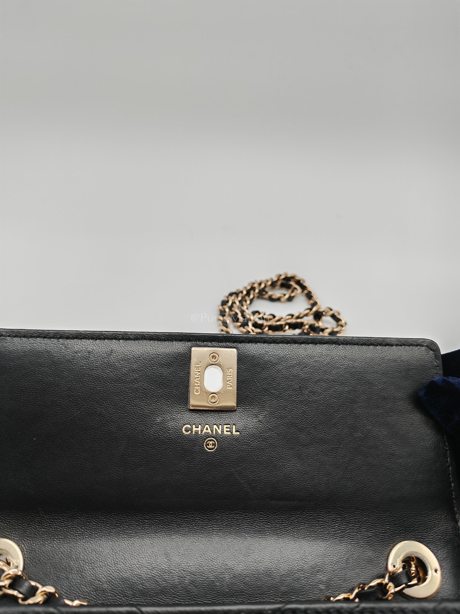 Trendy CC Wallet On Chain (WOC) in Black Chevron Lambskin Leather and Light Gold Hardware Series 25 | Purse Maison Luxury Bags Shop