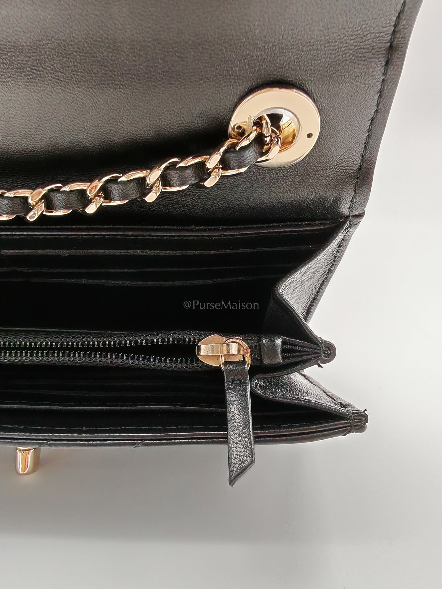 Trendy CC Wallet On Chain (WOC) in Black Chevron Lambskin Leather and Light Gold Hardware Series 25 | Purse Maison Luxury Bags Shop