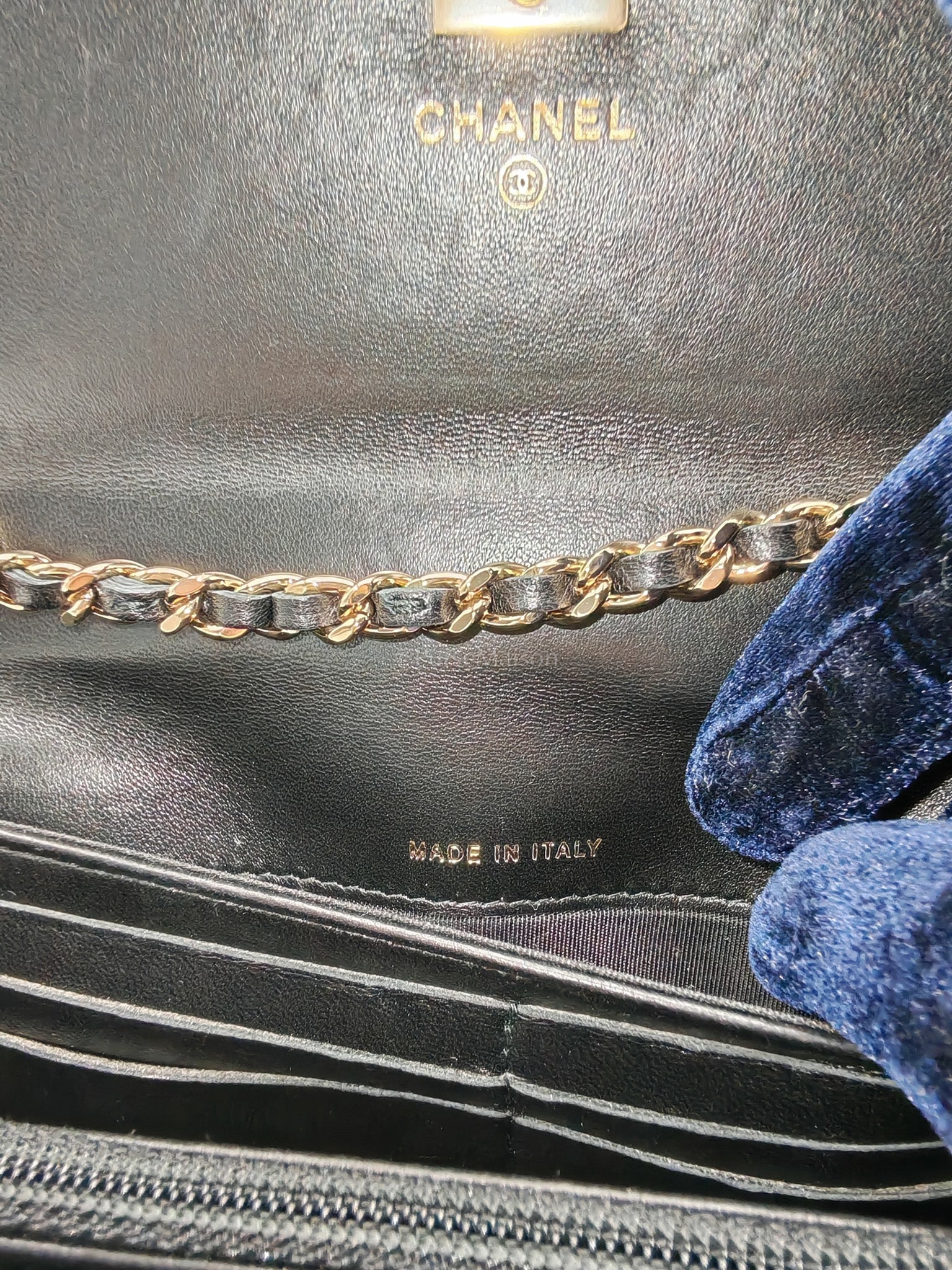 Trendy CC Wallet On Chain (WOC) in Black Chevron Lambskin Leather and Light Gold Hardware Series 25 | Purse Maison Luxury Bags Shop