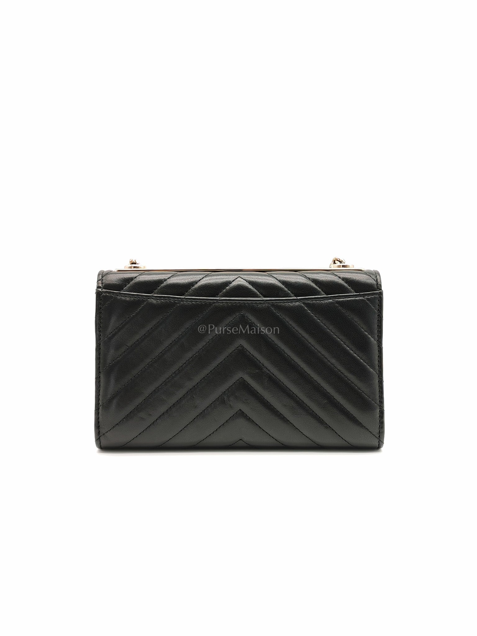 Trendy CC Wallet On Chain (WOC) in Black Chevron Lambskin Leather and Light Gold Hardware Series 25 | Purse Maison Luxury Bags Shop