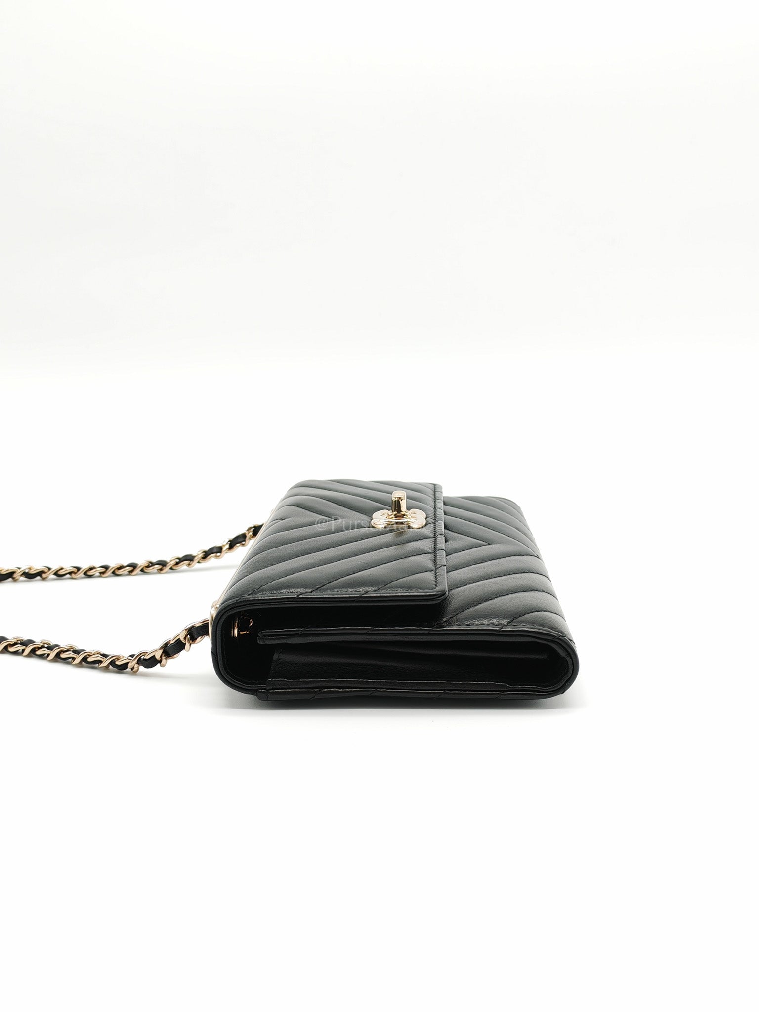 Trendy CC Wallet On Chain (WOC) in Black Chevron Lambskin Leather and Light Gold Hardware Series 25 | Purse Maison Luxury Bags Shop