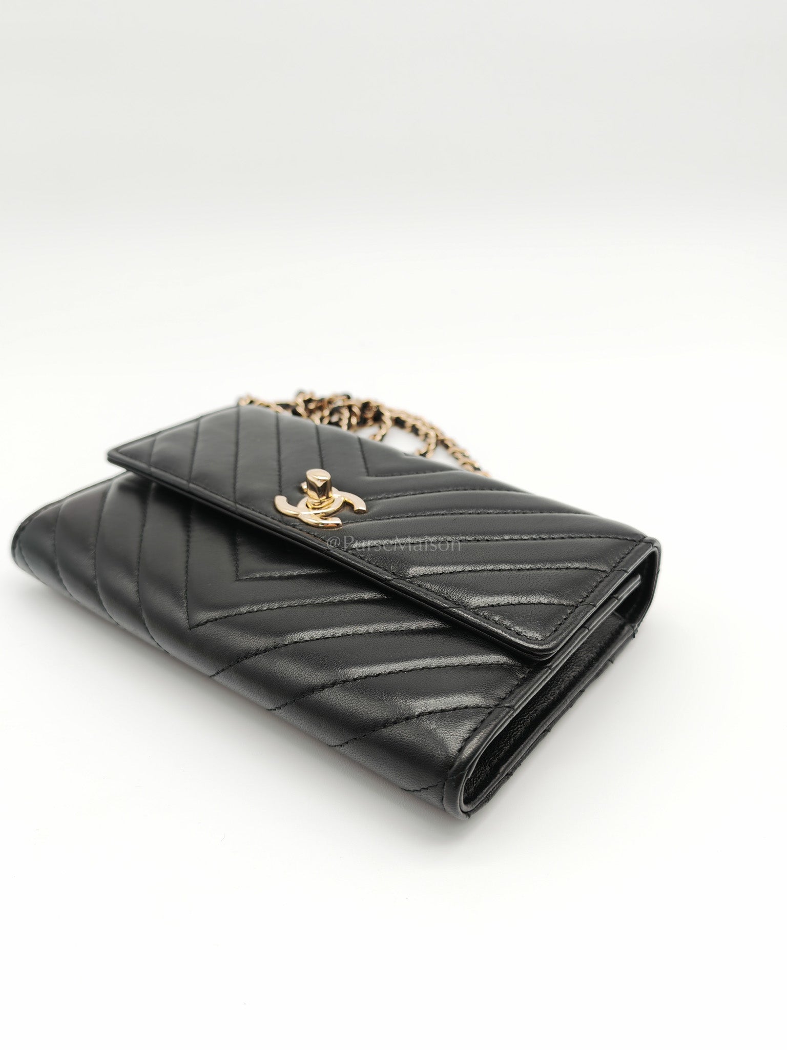 Trendy CC Wallet On Chain (WOC) in Black Chevron Lambskin Leather and Light Gold Hardware Series 25 | Purse Maison Luxury Bags Shop