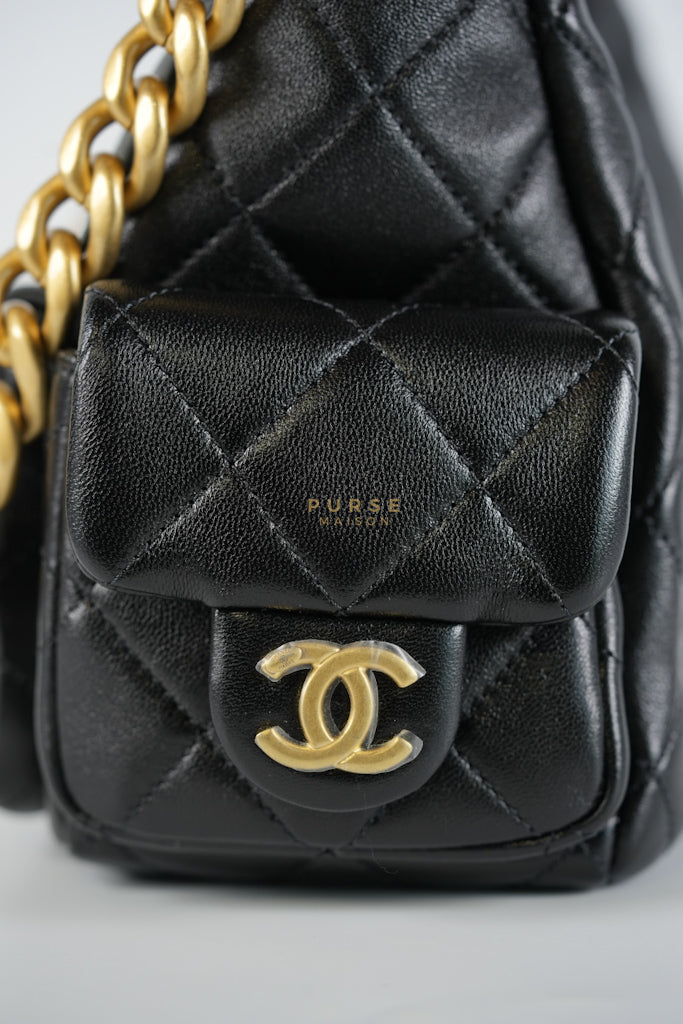 Trendy Pockets Hobo Bag in Black Shiny Lambskin Quilted Aged Gold Hardware (Microchip) | Purse Maison Luxury Bags Shop
