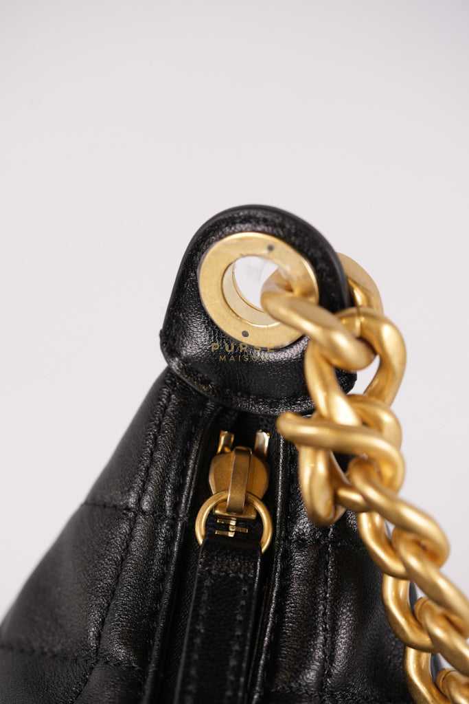 Trendy Pockets Hobo Bag in Black Shiny Lambskin Quilted Aged Gold Hardware (Microchip) | Purse Maison Luxury Bags Shop