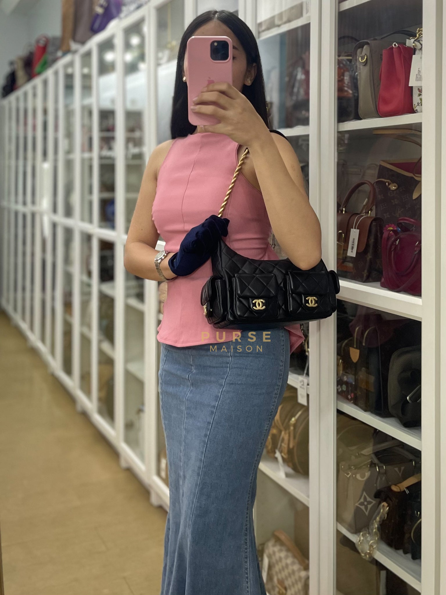 Trendy Pockets Hobo Bag in Black Shiny Lambskin Quilted Aged Gold Hardware (Microchip) | Purse Maison Luxury Bags Shop