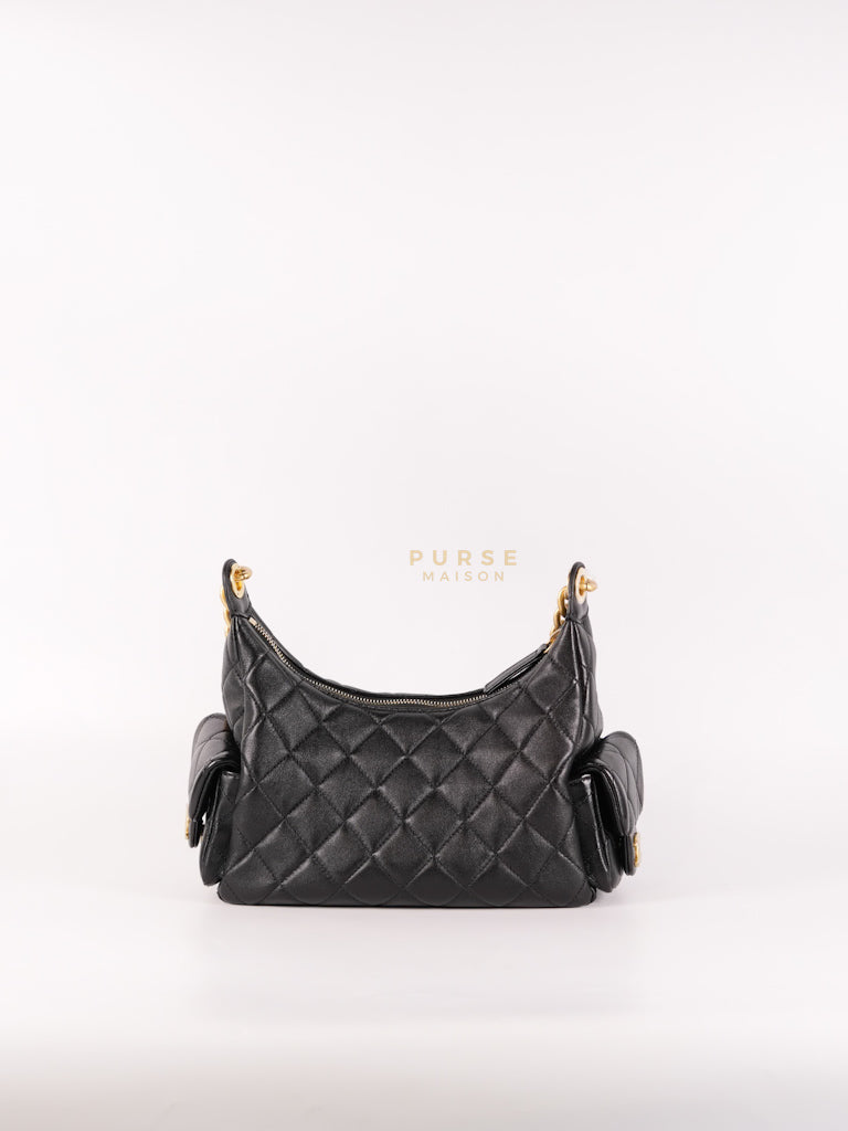 Trendy Pockets Hobo Bag in Black Shiny Lambskin Quilted Aged Gold Hardware (Microchip) | Purse Maison Luxury Bags Shop