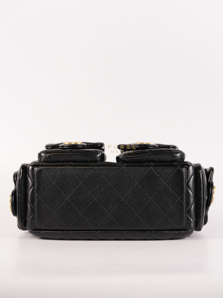 Trendy Pockets Hobo Bag in Black Shiny Lambskin Quilted Aged Gold Hardware (Microchip) | Purse Maison Luxury Bags Shop