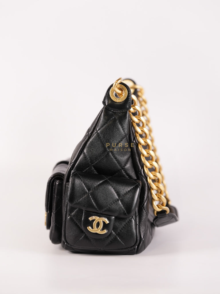 Trendy Pockets Hobo Bag in Black Shiny Lambskin Quilted Aged Gold Hardware (Microchip) | Purse Maison Luxury Bags Shop