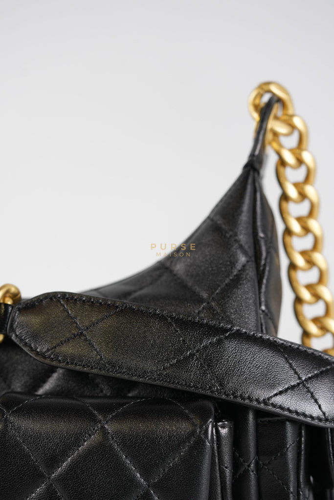 Trendy Pockets Hobo Bag in Black Shiny Lambskin Quilted Aged Gold Hardware (Microchip) | Purse Maison Luxury Bags Shop