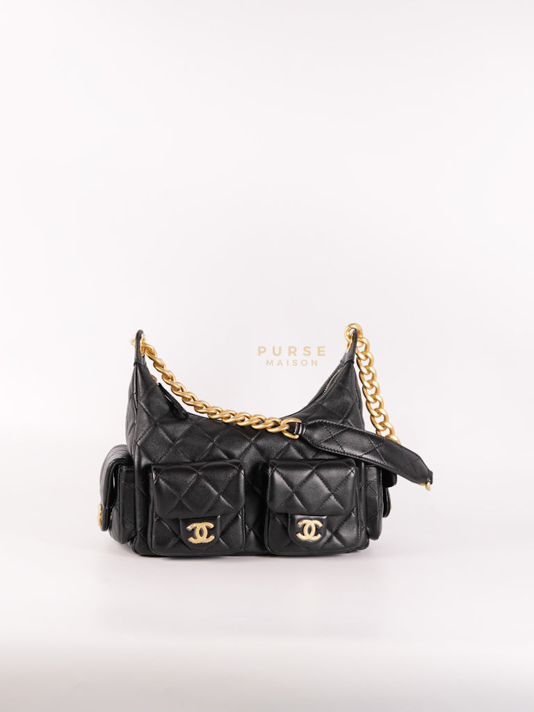 Trendy Pockets Hobo Bag in Black Shiny Lambskin Quilted Aged Gold Hardware (Microchip) | Purse Maison Luxury Bags Shop