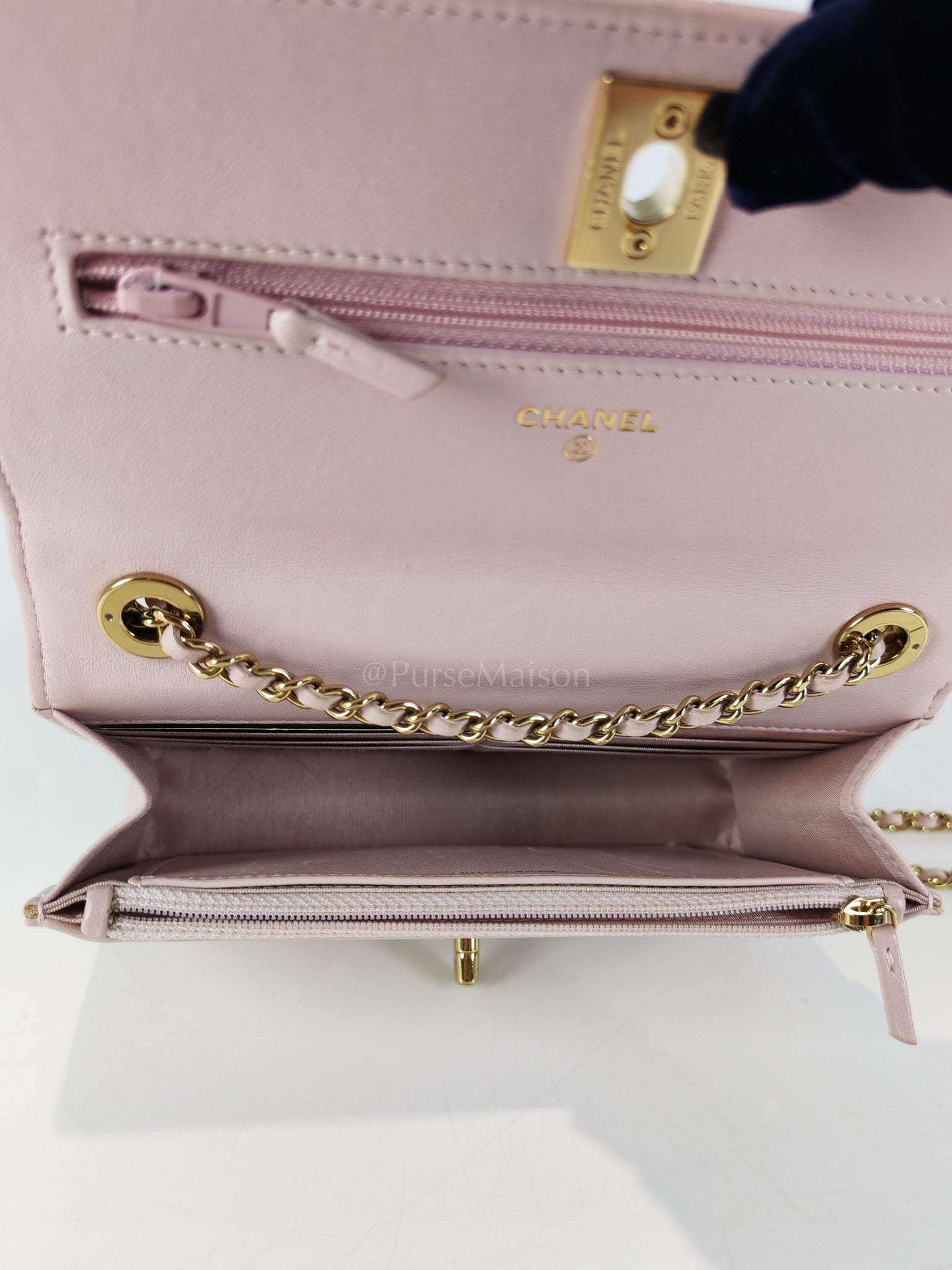Trendy Wallet On Chain in Pink Lambskin Leather and Gold Hardware Series 31 | Purse Maison Luxury Bags Shop
