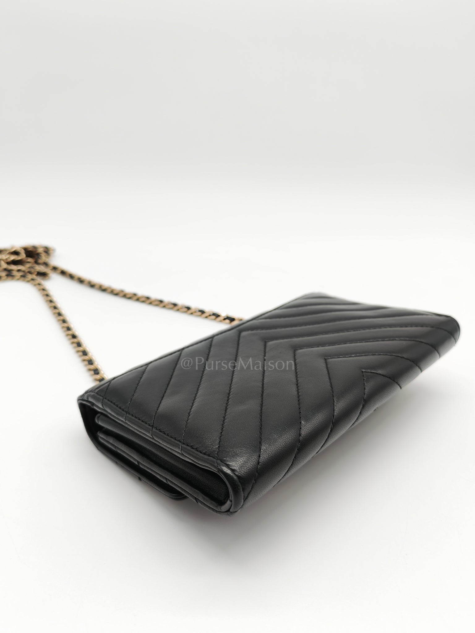 Trendy Wallet on Chain(WOC) Black Lambskin Leather in Light Gold Hardware (Series 25****00) | Purse Maison Luxury Bags Shop