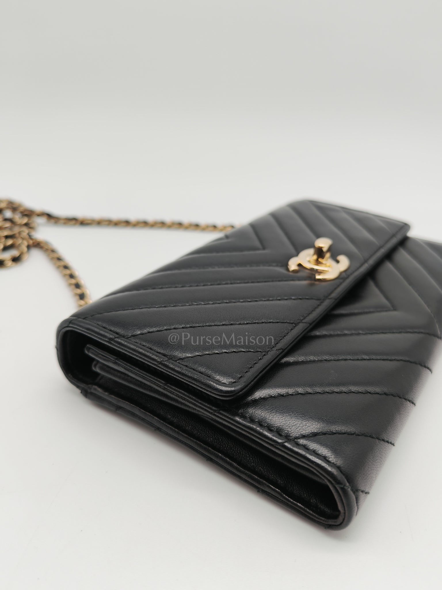Trendy Wallet on Chain(WOC) Black Lambskin Leather in Light Gold Hardware (Series 25****00) | Purse Maison Luxury Bags Shop