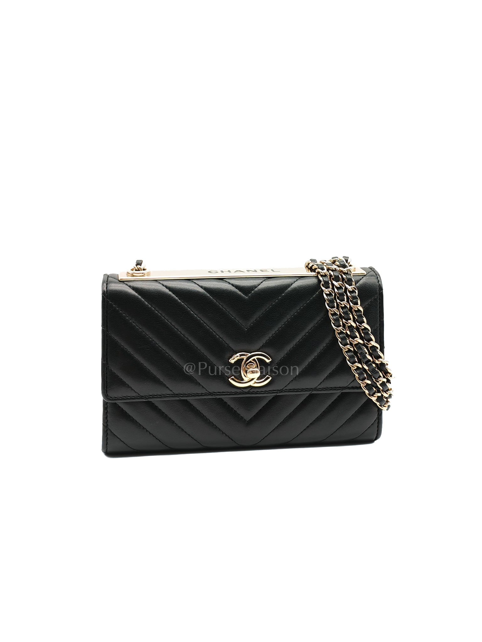 Trendy Wallet on Chain(WOC) Black Lambskin Leather in Light Gold Hardware (Series 25****00) | Purse Maison Luxury Bags Shop