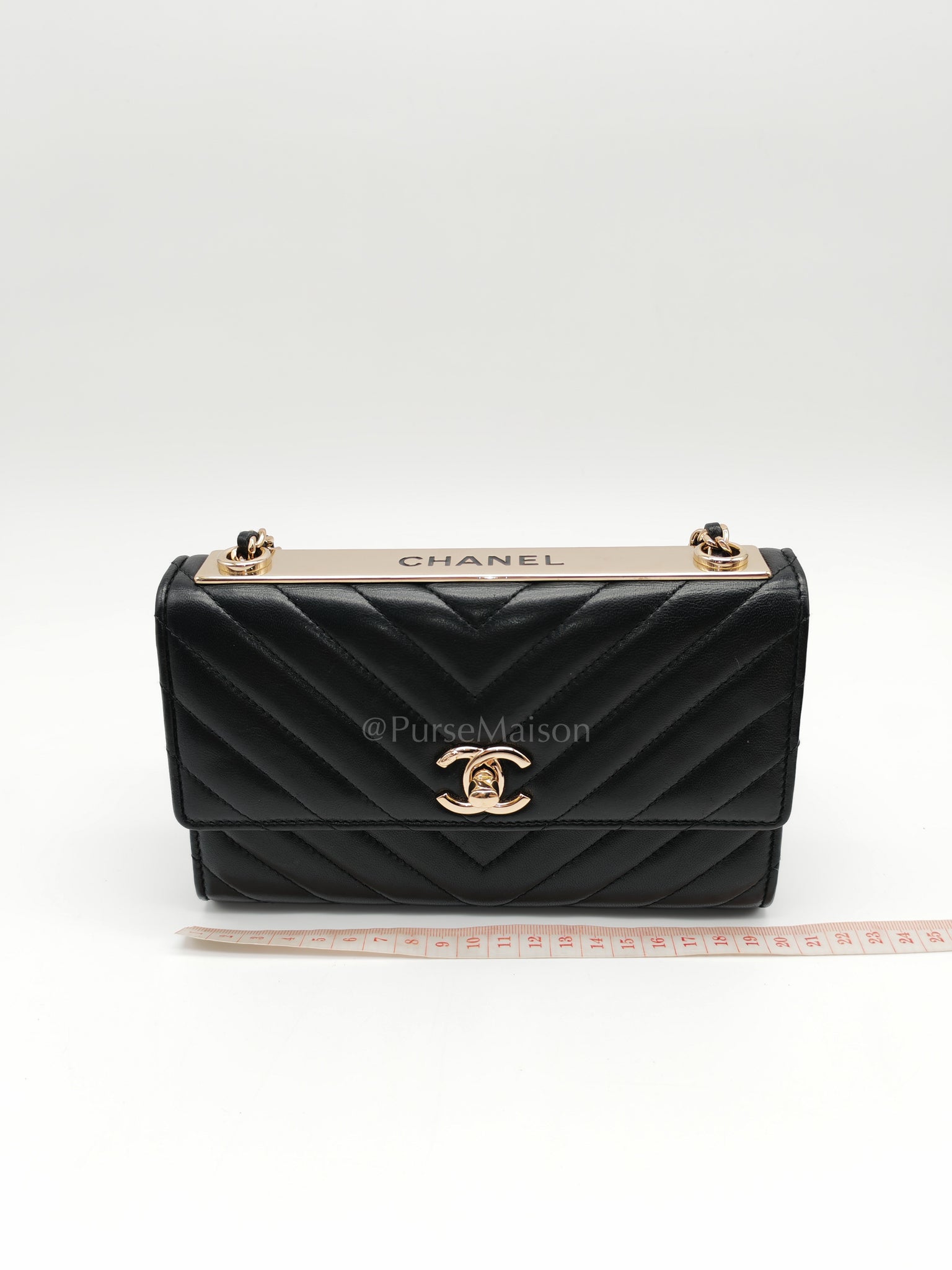 Trendy Wallet on Chain(WOC) Black Lambskin Leather in Light Gold Hardware (Series 25****00) | Purse Maison Luxury Bags Shop
